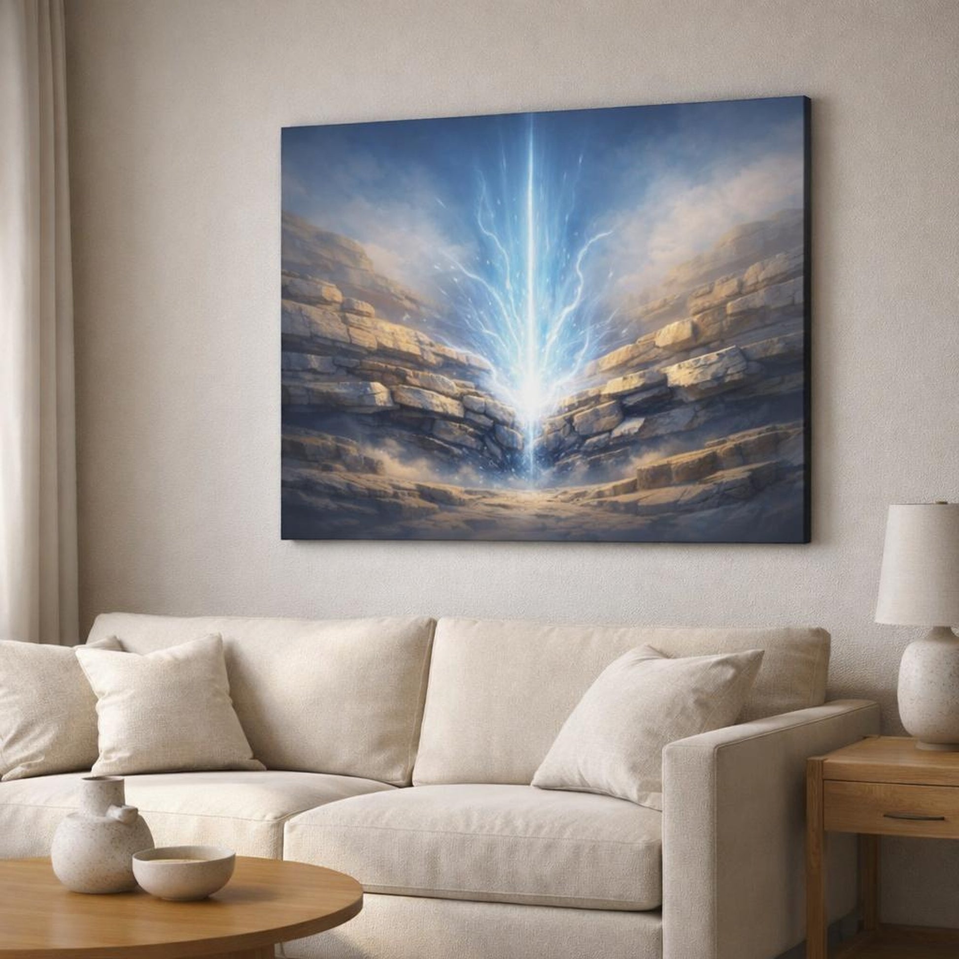Science Fiction Stone Layers shown as canvas wall art in a modern living room