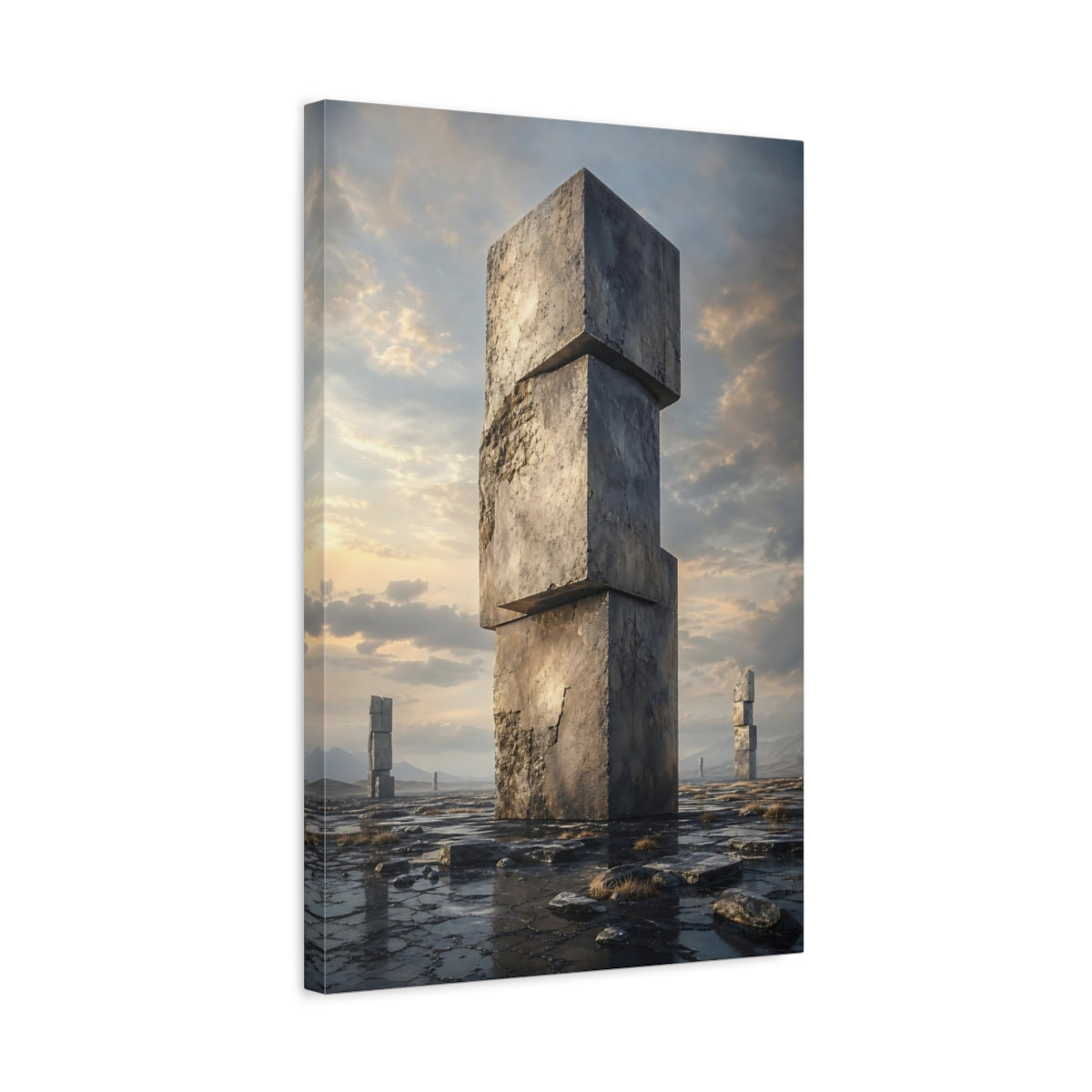 Side Mockup 3. Science Fiction Stone Monoliths Grey Stone shown as stretched canvas wall art