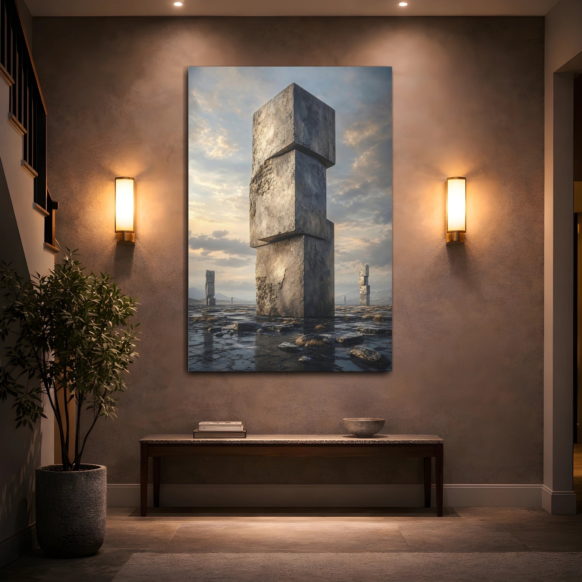 Mockup 2. Science Fiction Stone Monoliths Grey Stone shown as stretched canvas wall art