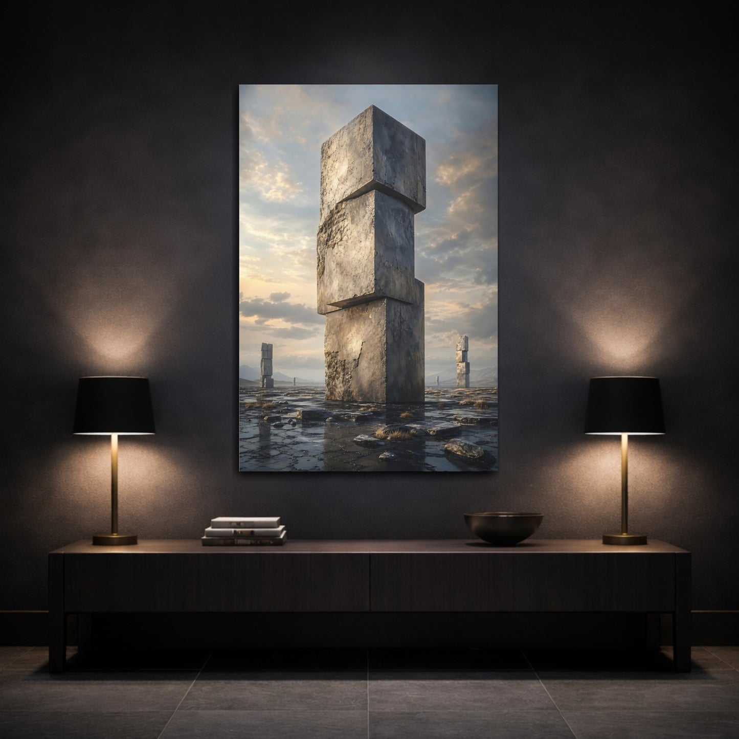 Mockup 3. Science Fiction Stone Monoliths Grey Stone shown as stretched canvas wall art