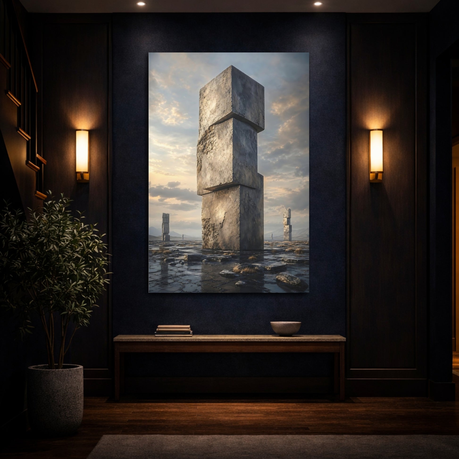 Mockup 4. Science Fiction Stone Monoliths Grey Stone shown as stretched canvas wall art