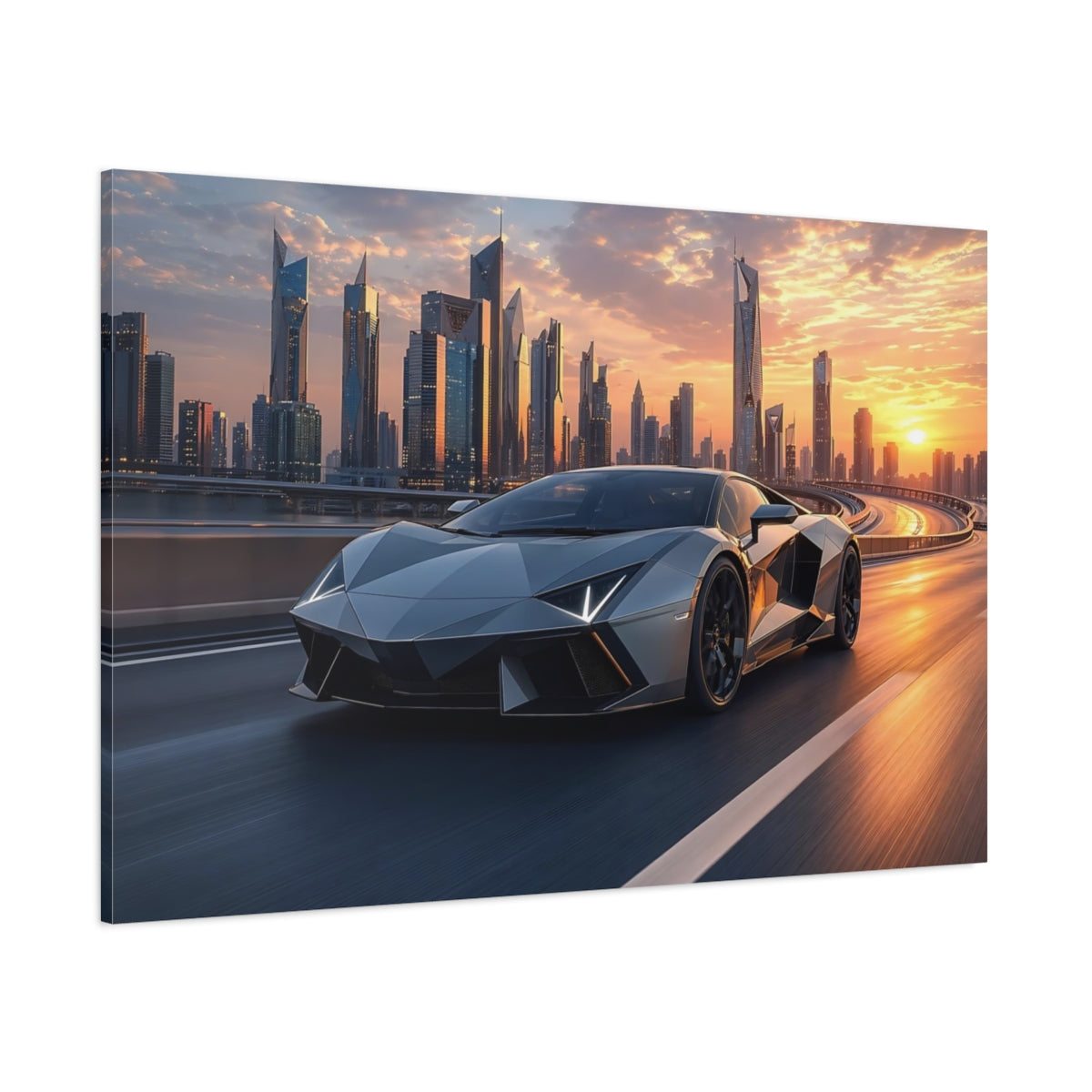 Side Mockup 1. Science Fiction Supercar Grey And Orange shown as stretched canvas wall art
