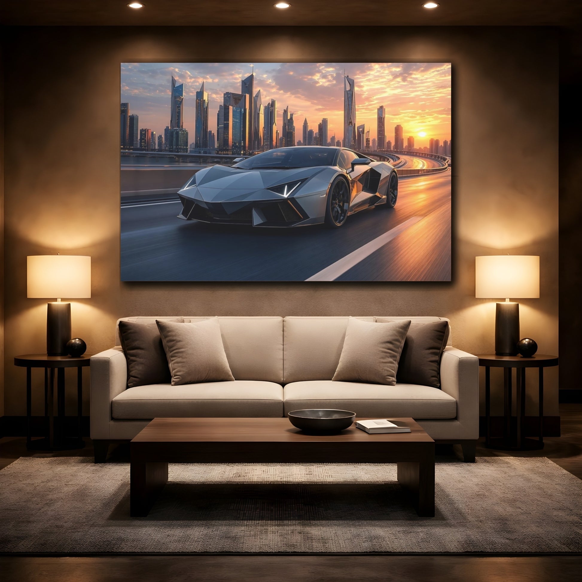 Mockup 2. Science Fiction Supercar Grey And Orange shown as stretched canvas wall art