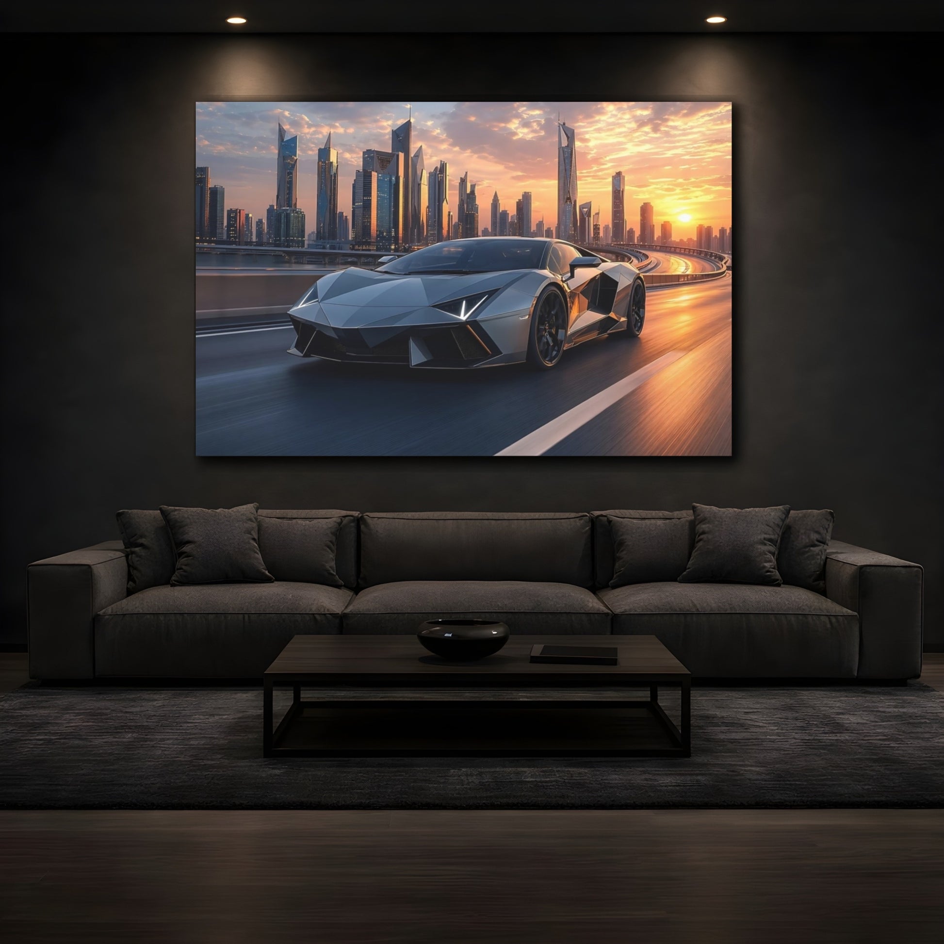 Mockup 3. Science Fiction Supercar Grey And Orange shown as stretched canvas wall art