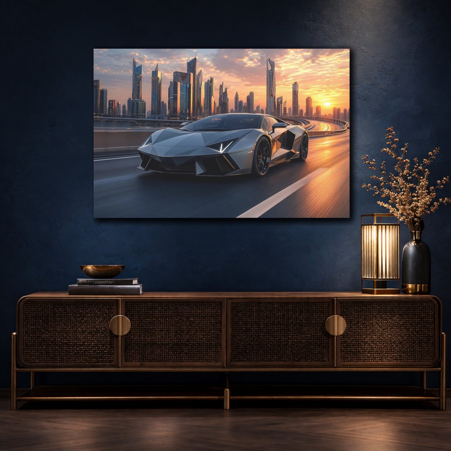 Mockup 4. Science Fiction Supercar Grey And Orange shown as stretched canvas wall art