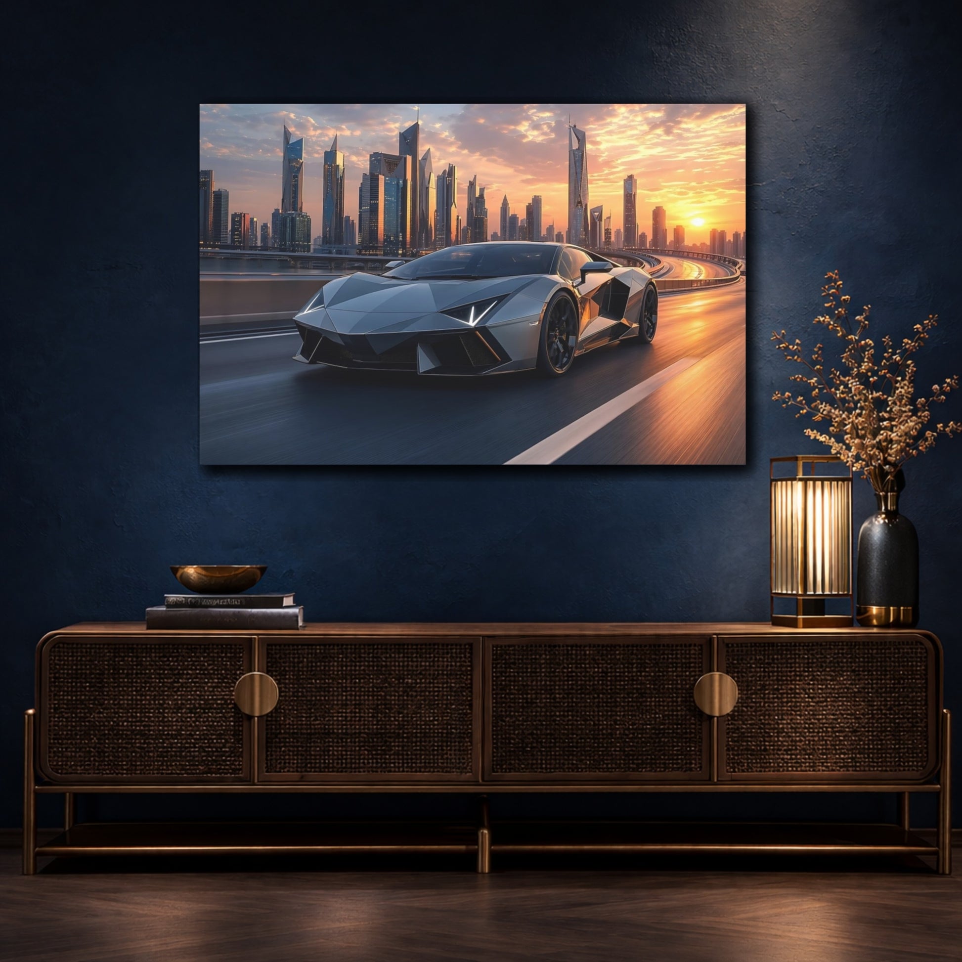 Mockup 4. Science Fiction Supercar Grey And Orange shown as stretched canvas wall art