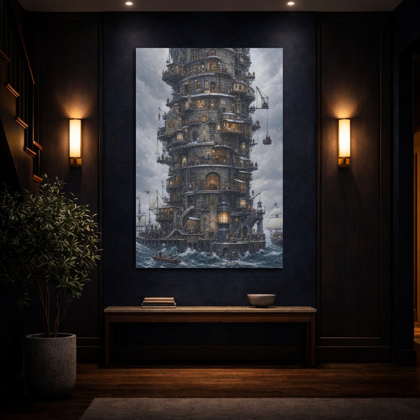 Science Fiction Tower City Grey Industrial Canvas Wall Art Print – fantasy Living Room, Above Couch - YesArtYes