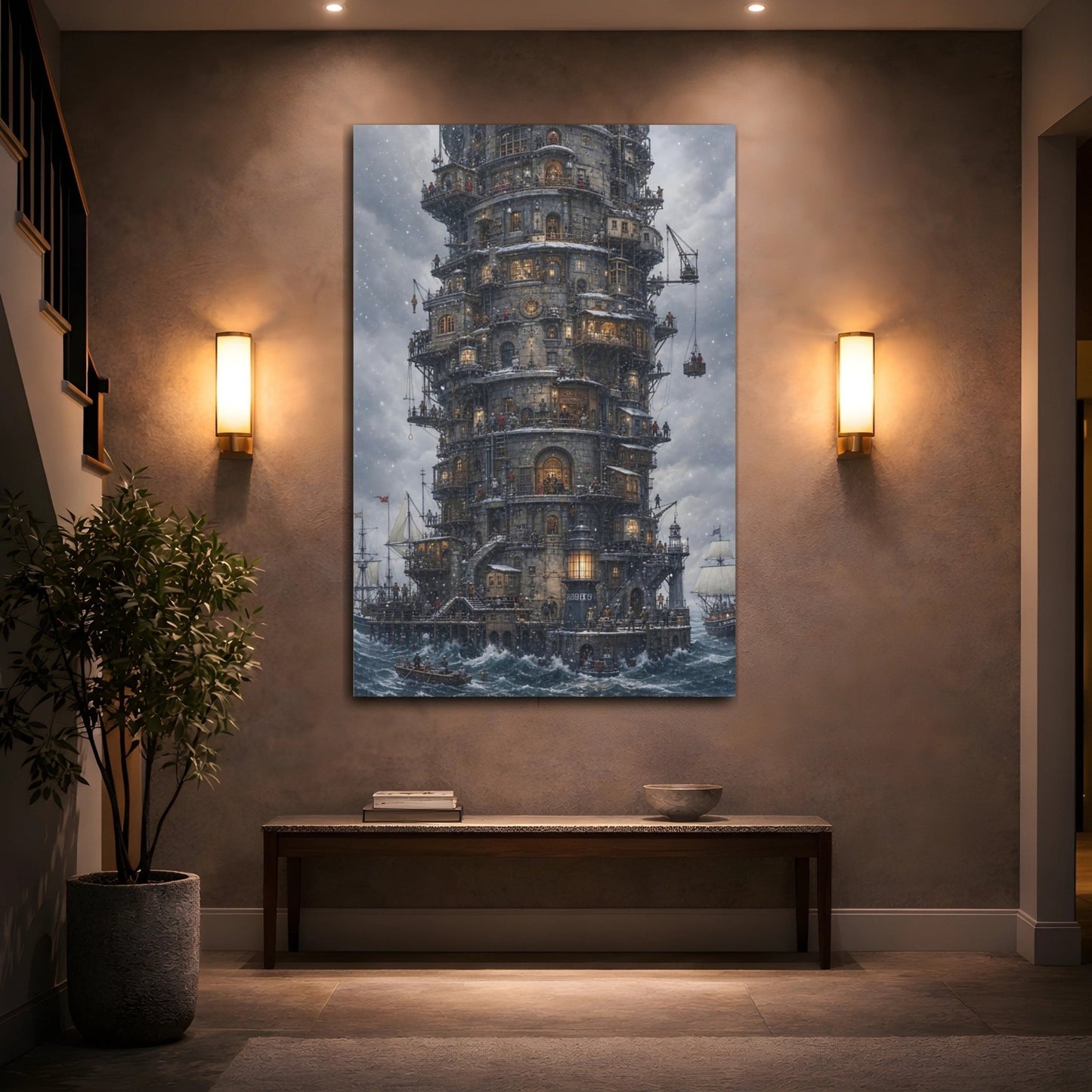 Science Fiction Tower City Grey Industrial Canvas Wall Art Print – fantasy Living Room, Above Couch - YesArtYes