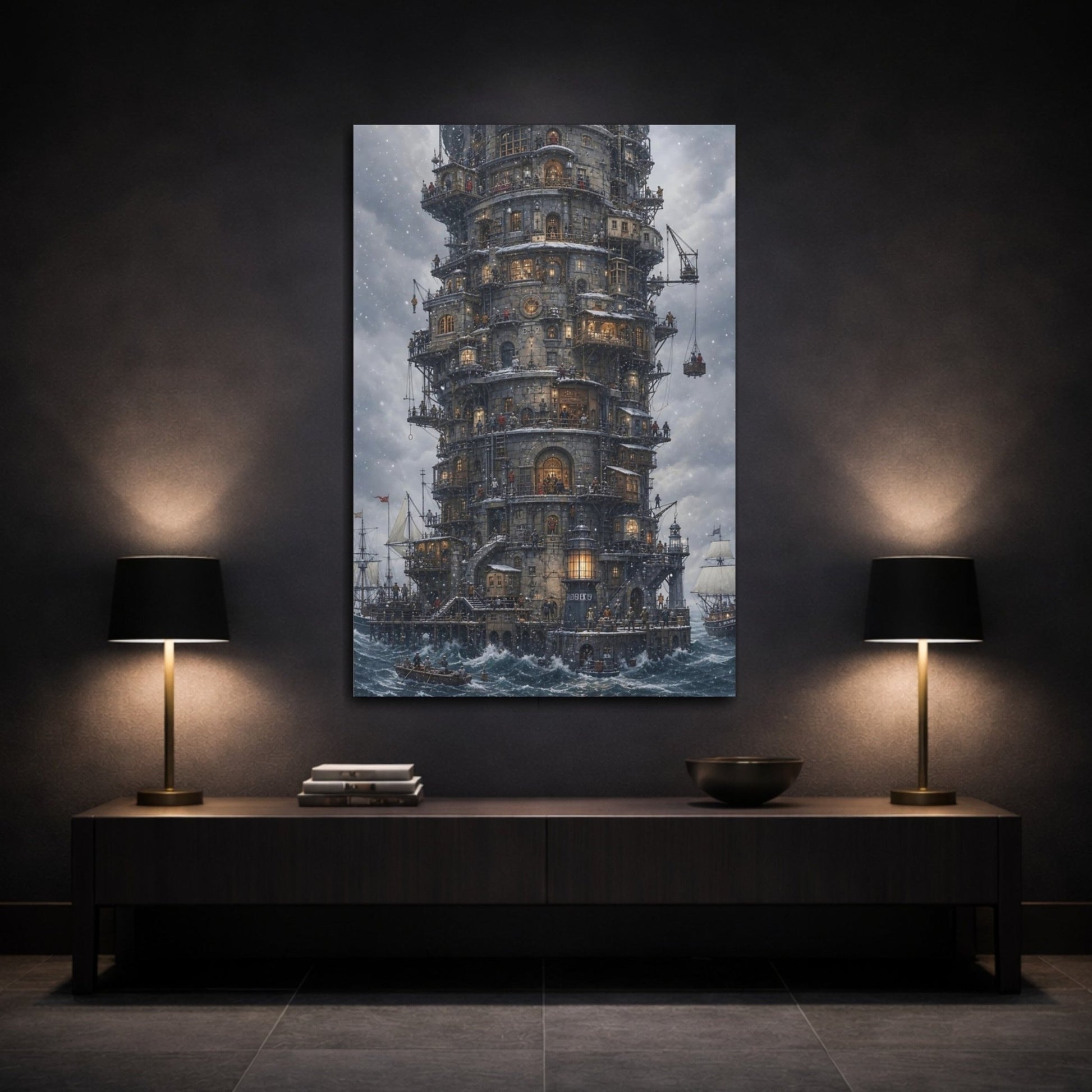 Science Fiction Tower City Grey Industrial Canvas Wall Art Print – fantasy Living Room, Above Couch - YesArtYes