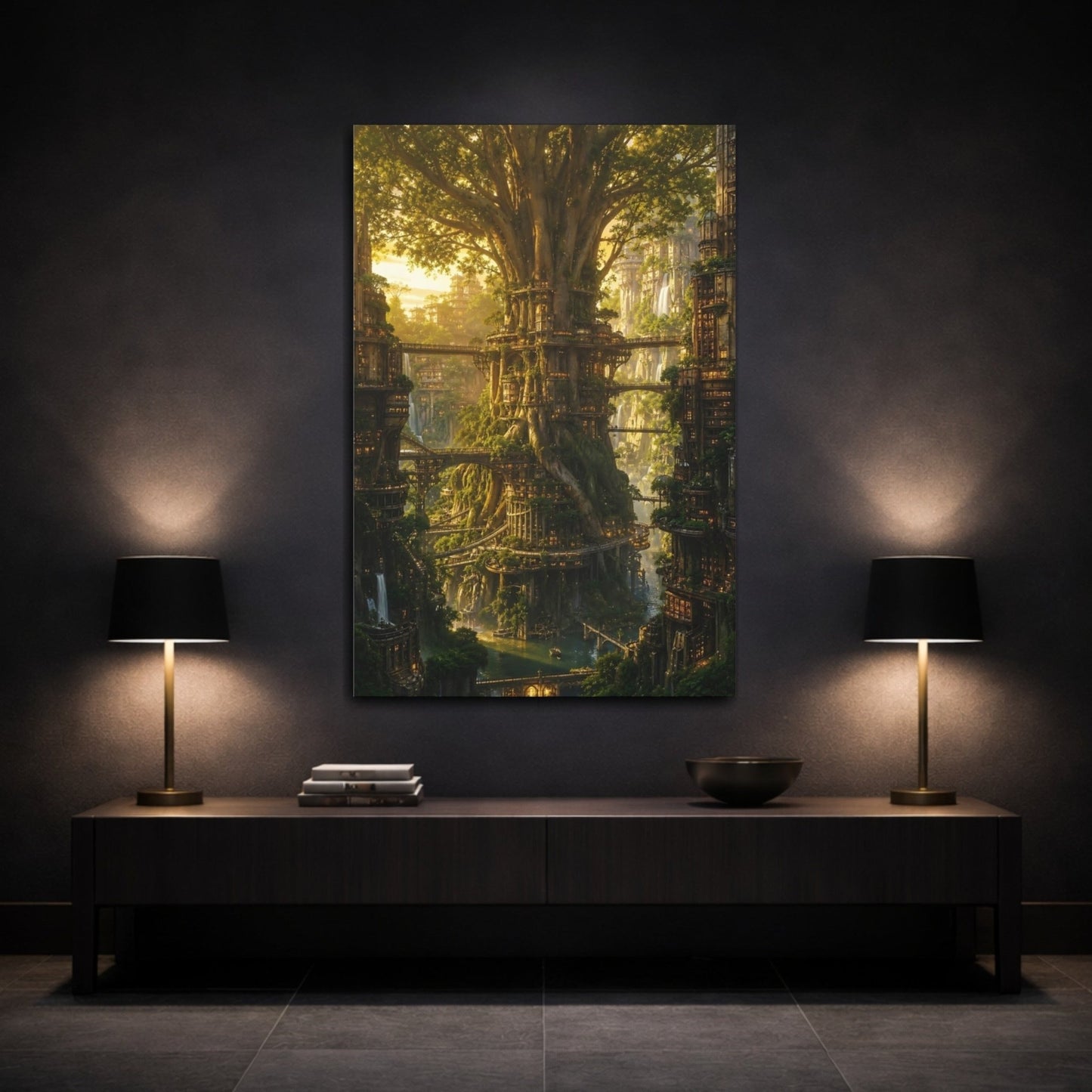 Science Fiction Tree City Golden Canvas Print – Fantasy Living Room, Above Fireplace - YesArtYes