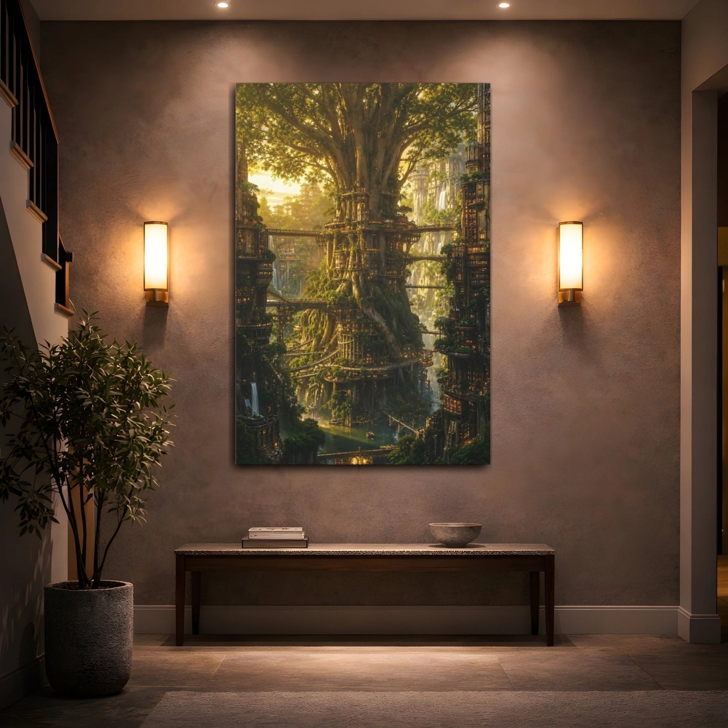 Science Fiction Tree City Golden Canvas Print – Fantasy Living Room, Above Fireplace - YesArtYes