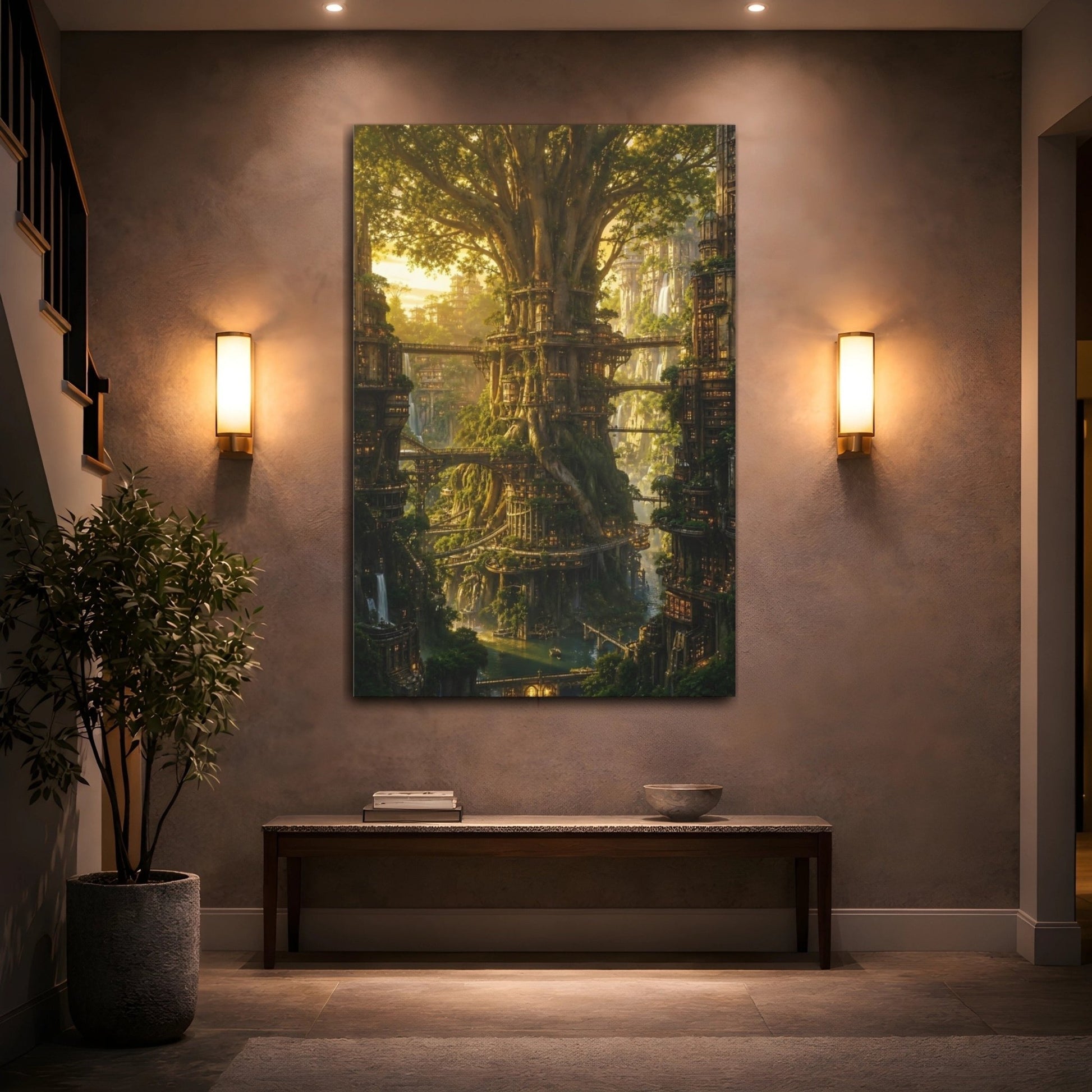 Science Fiction Tree City Golden Canvas Print – Fantasy Living Room, Above Fireplace - YesArtYes