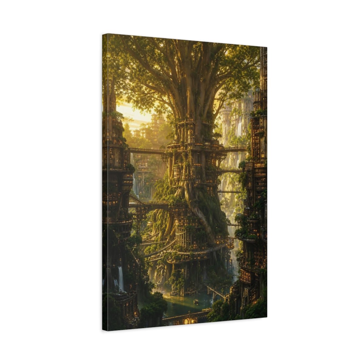 Science Fiction Tree City Golden Canvas Print – Fantasy Living Room, Above Fireplace - YesArtYes