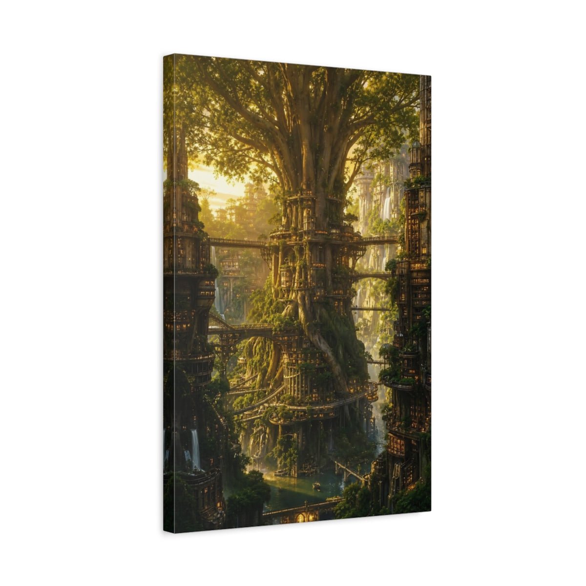 Science Fiction Tree City Golden Canvas Print – Fantasy Living Room, Above Fireplace - YesArtYes