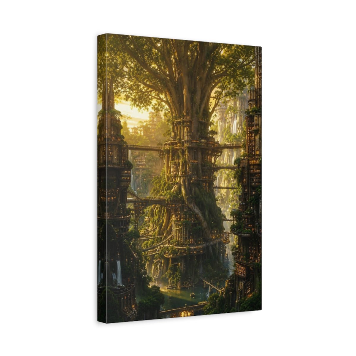 Science Fiction Tree City Golden Canvas Print – Fantasy Living Room, Above Fireplace - YesArtYes