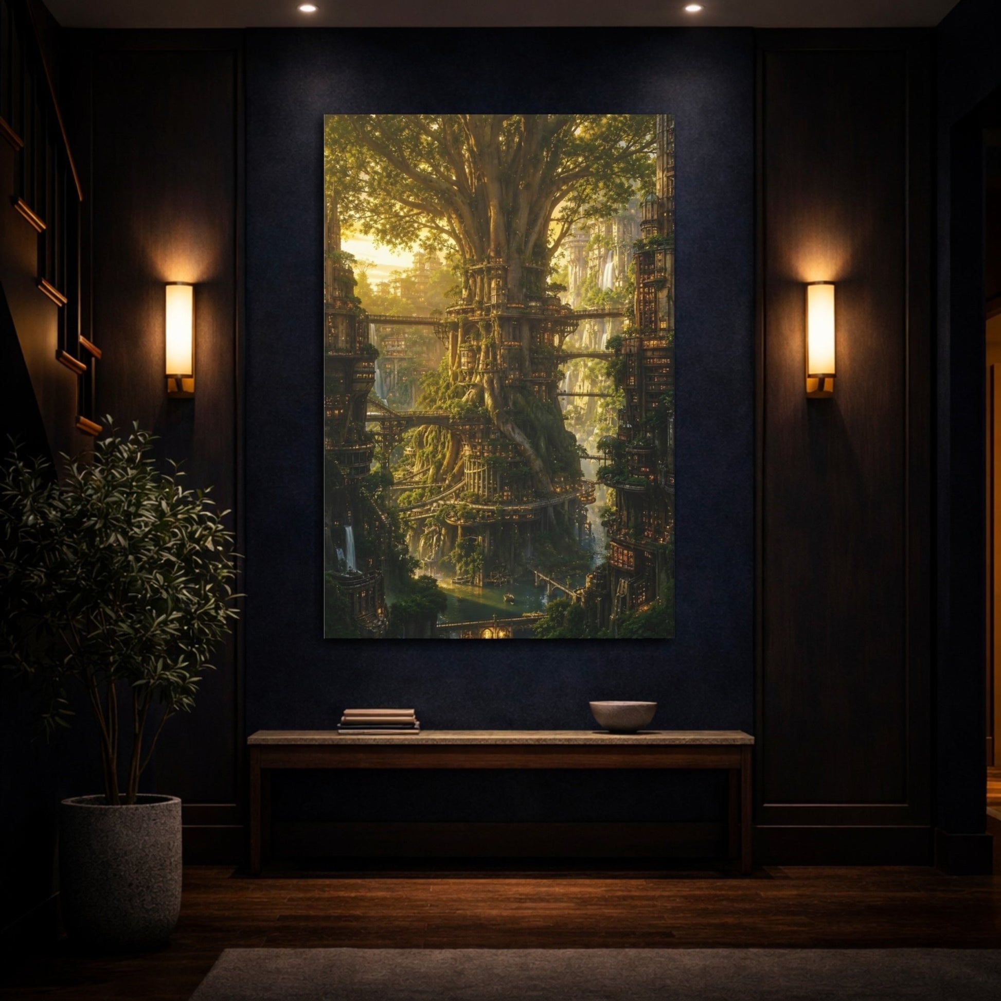 Science Fiction Tree City Golden Canvas Print – Fantasy Living Room, Above Fireplace - YesArtYes