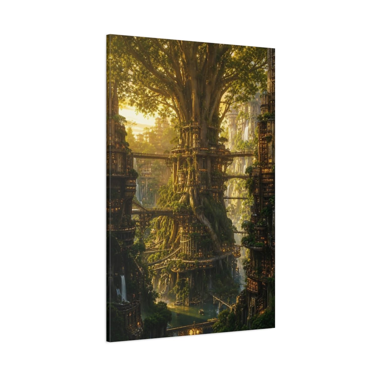 Science Fiction Tree City Golden Canvas Print – Fantasy Living Room, Above Fireplace - YesArtYes