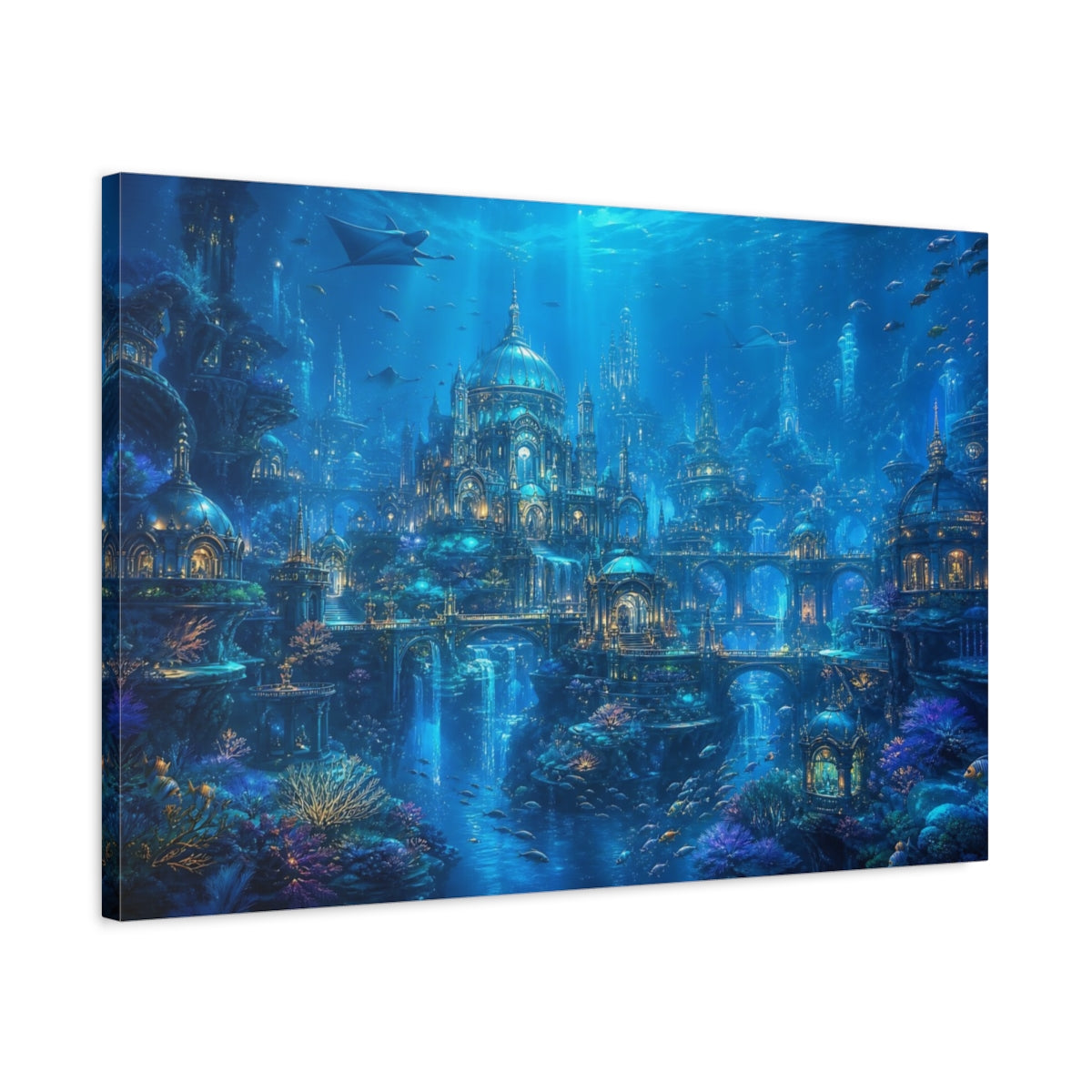 Side Mockup 2. Science Fiction Underwater City Blue Underwater City shown as stretched canvas wall art