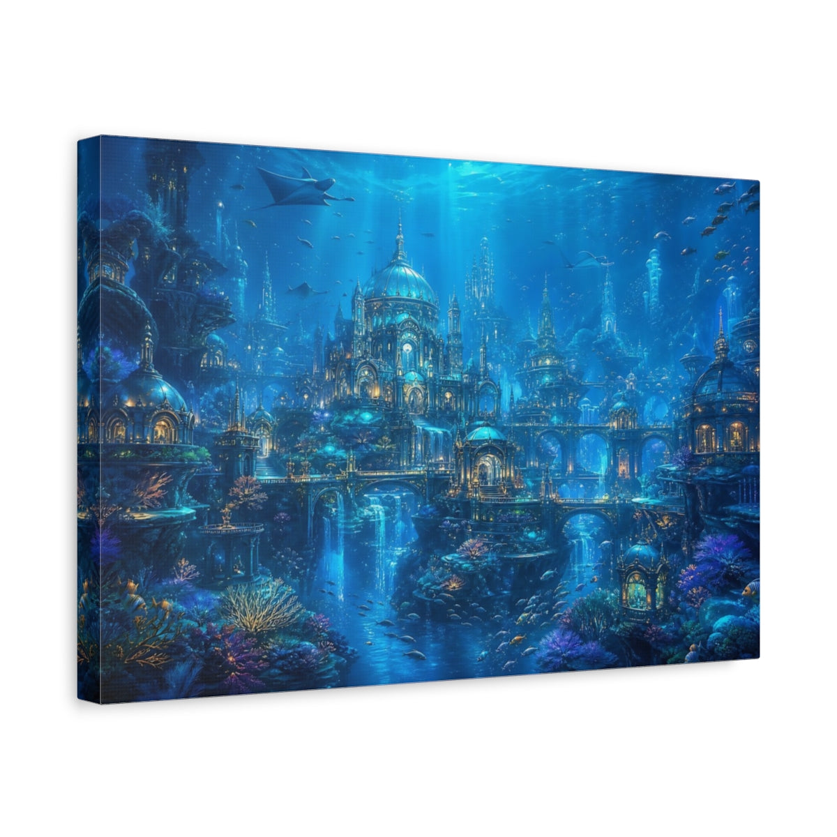 Side Mockup 4. Science Fiction Underwater City Blue Underwater City shown as stretched canvas wall art
