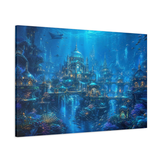 Main Mockup. Science Fiction Underwater City Blue Underwater City shown as stretched canvas wall art