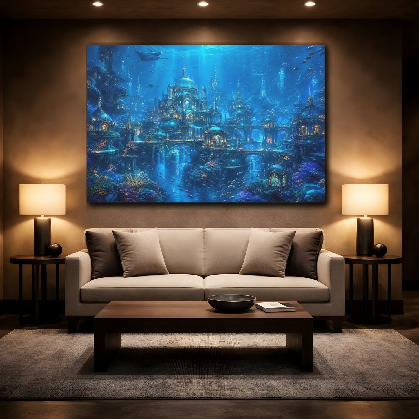 Mockup 2. Science Fiction Underwater City Blue Underwater City shown as stretched canvas wall art