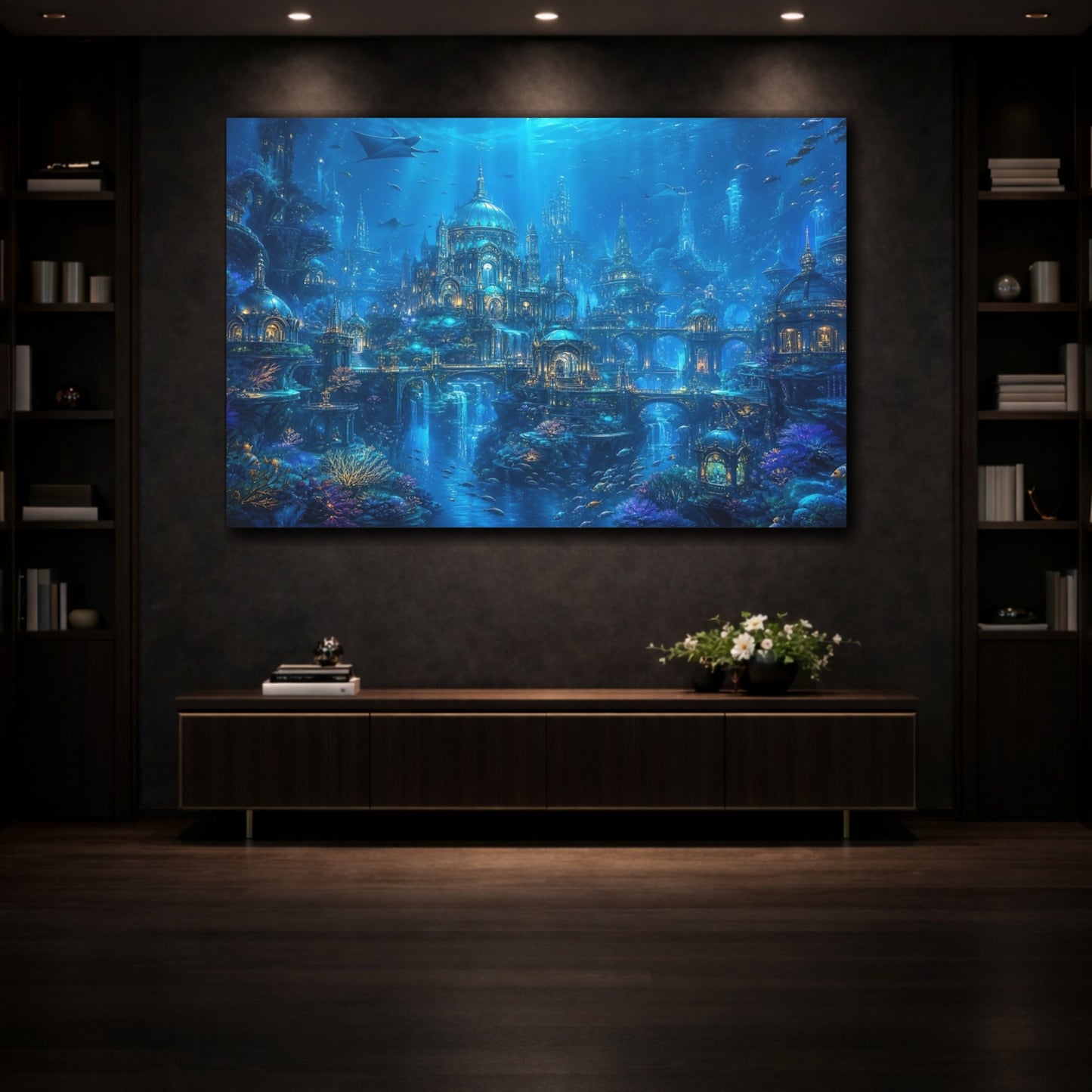 Mockup 3. Science Fiction Underwater City Blue Underwater City shown as stretched canvas wall art