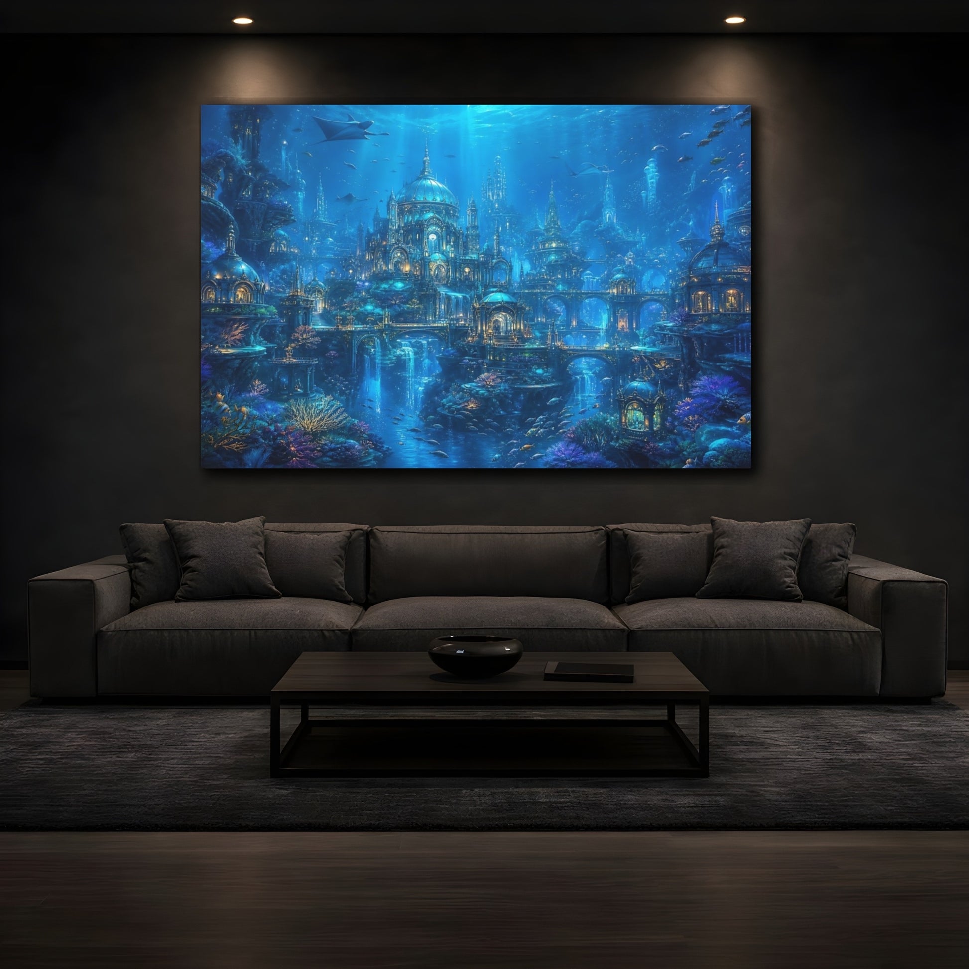 Mockup 4. Science Fiction Underwater City Blue Underwater City shown as stretched canvas wall art