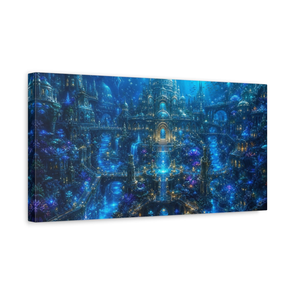 Side Mockup 3. Science Fiction Underwater City Deep Blue Fantasy shown as stretched canvas wall art