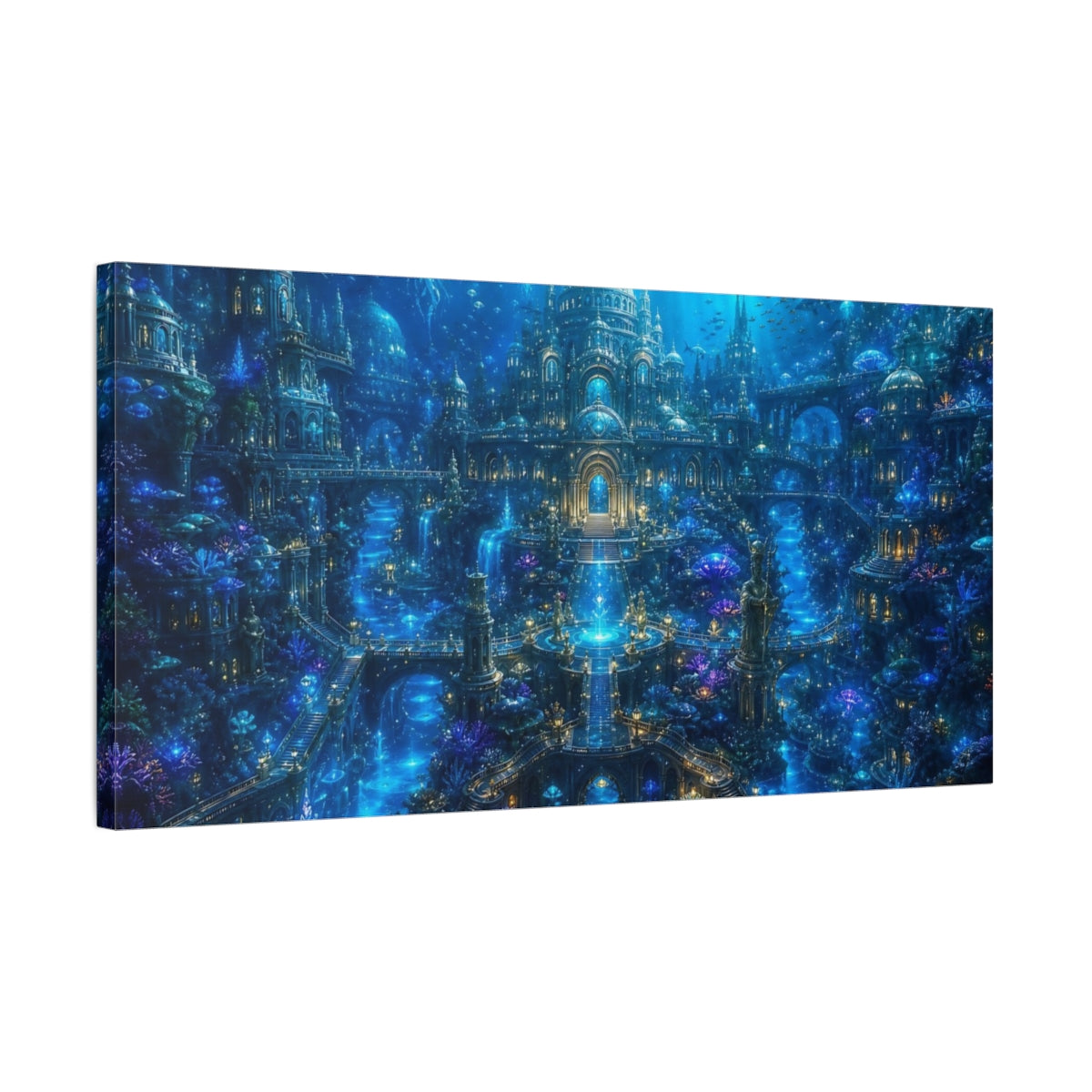 Side Mockup 1. Science Fiction Underwater City Deep Blue Fantasy shown as stretched canvas wall art