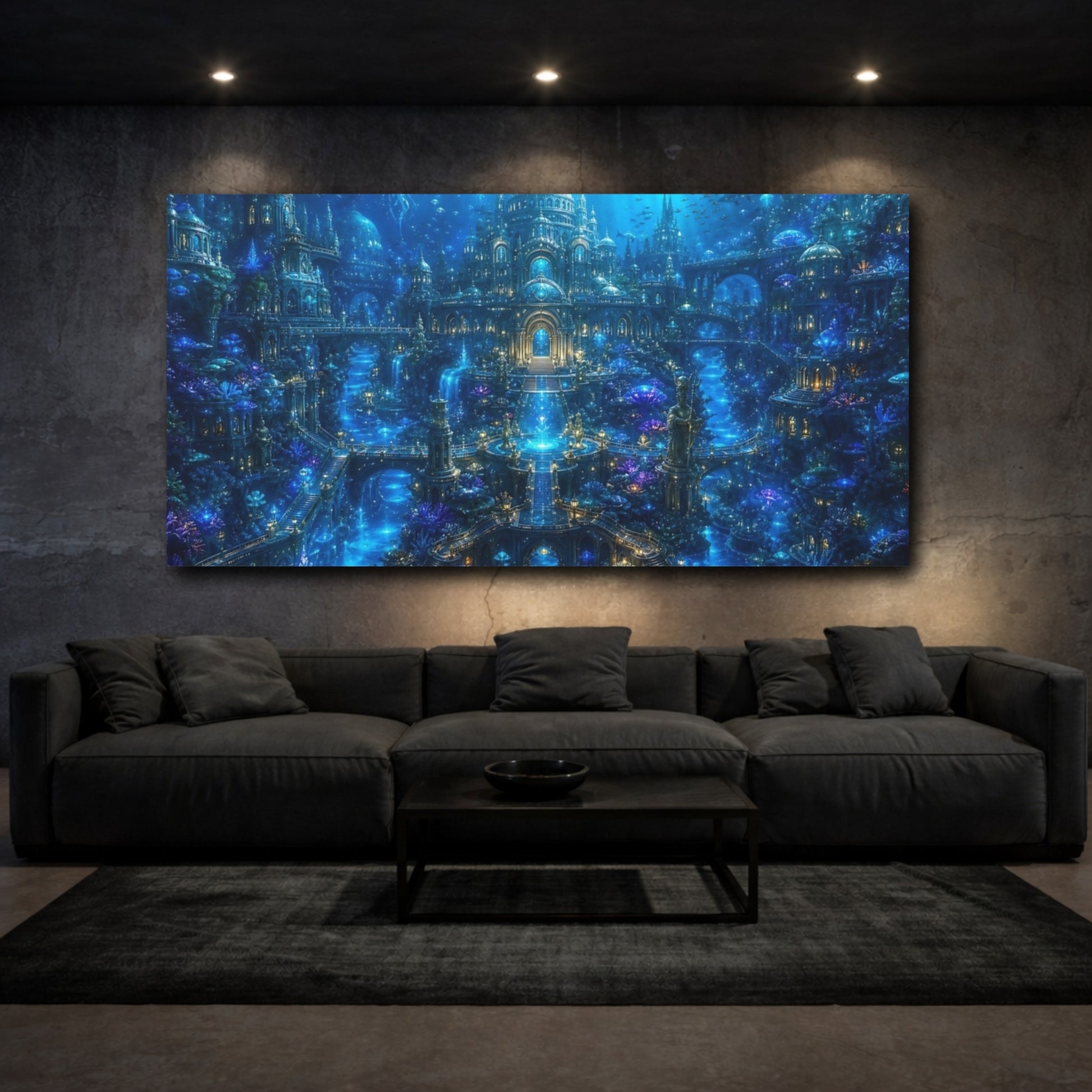 Mockup 2. Science Fiction Underwater City Deep Blue Fantasy shown as stretched canvas wall art