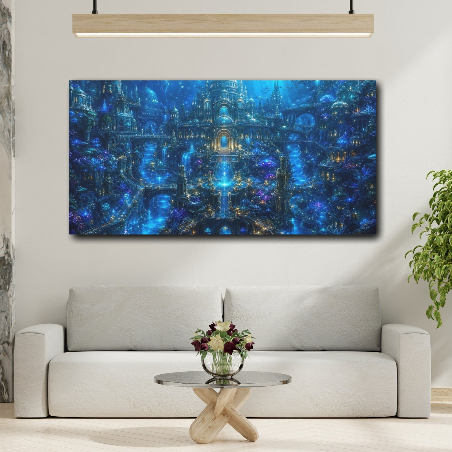 Mockup 3. Science Fiction Underwater City Deep Blue Fantasy shown as stretched canvas wall art