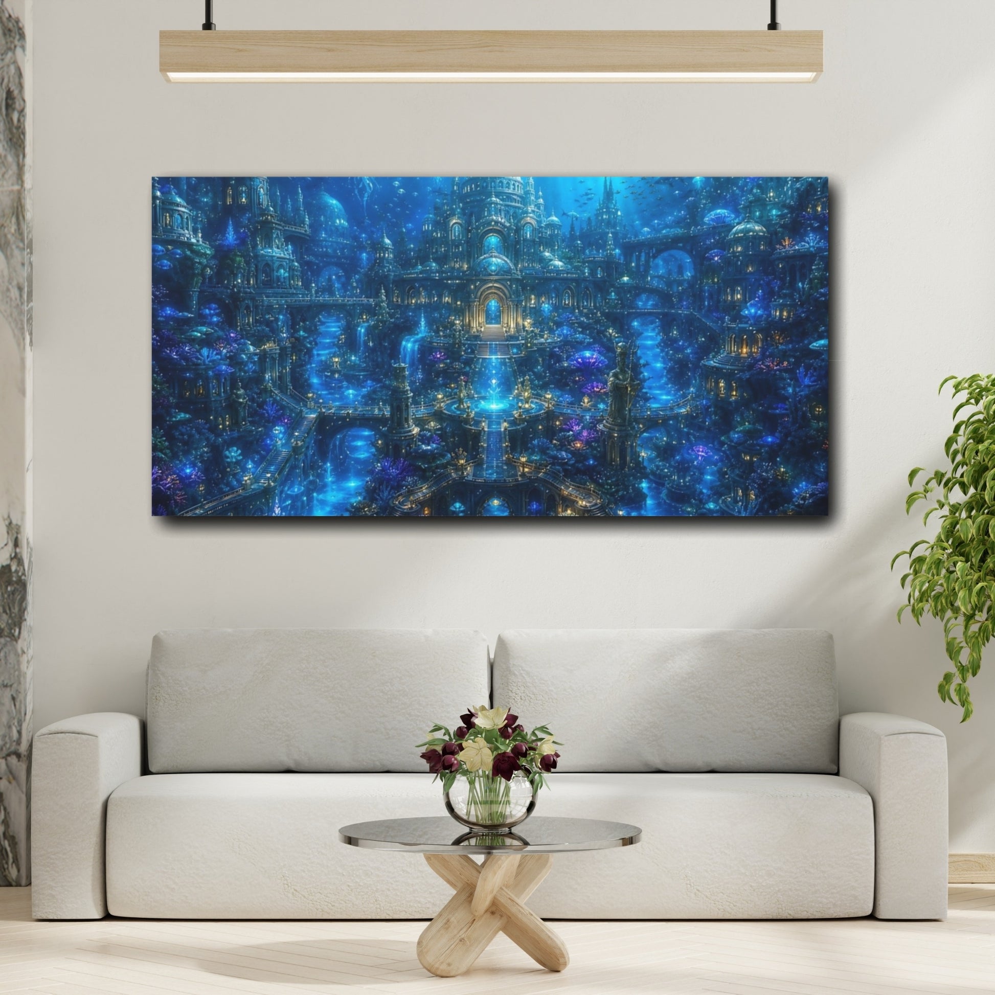 Mockup 3. Science Fiction Underwater City Deep Blue Fantasy shown as stretched canvas wall art