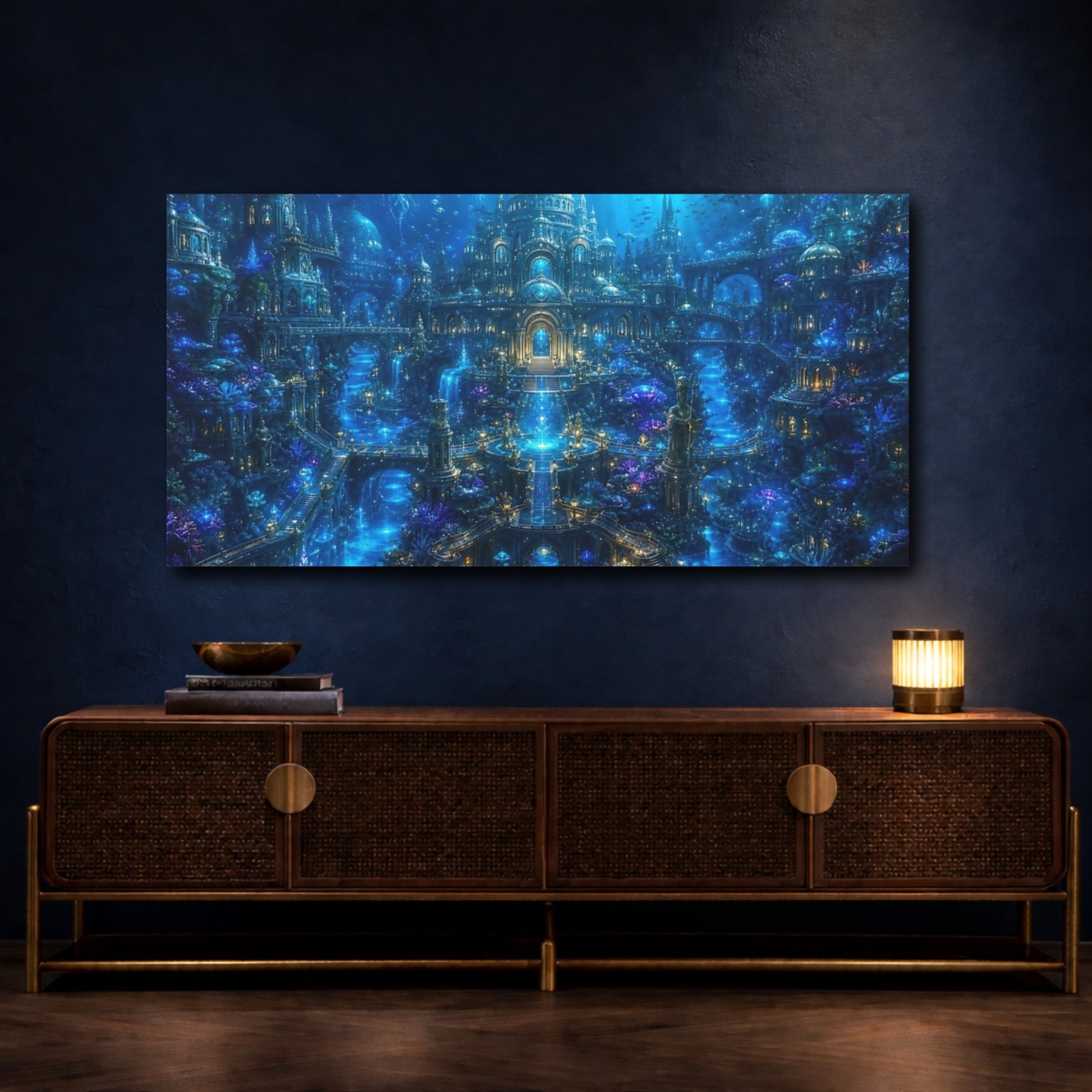 Mockup 4. Science Fiction Underwater City Deep Blue Fantasy shown as stretched canvas wall art