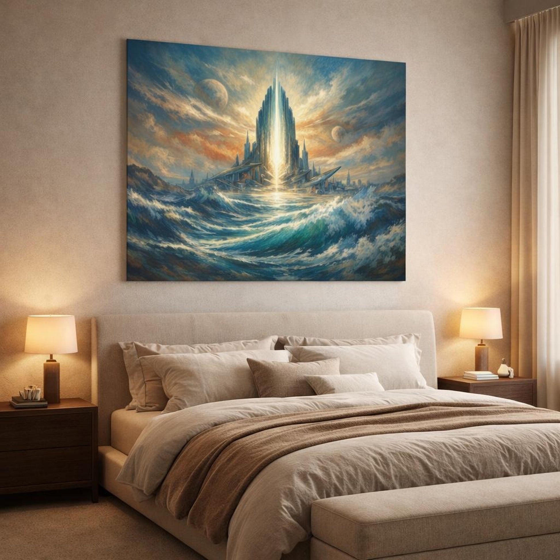 Science Fiction Waves Futuristic City - Canvas Wall Art Print - YesArtYes