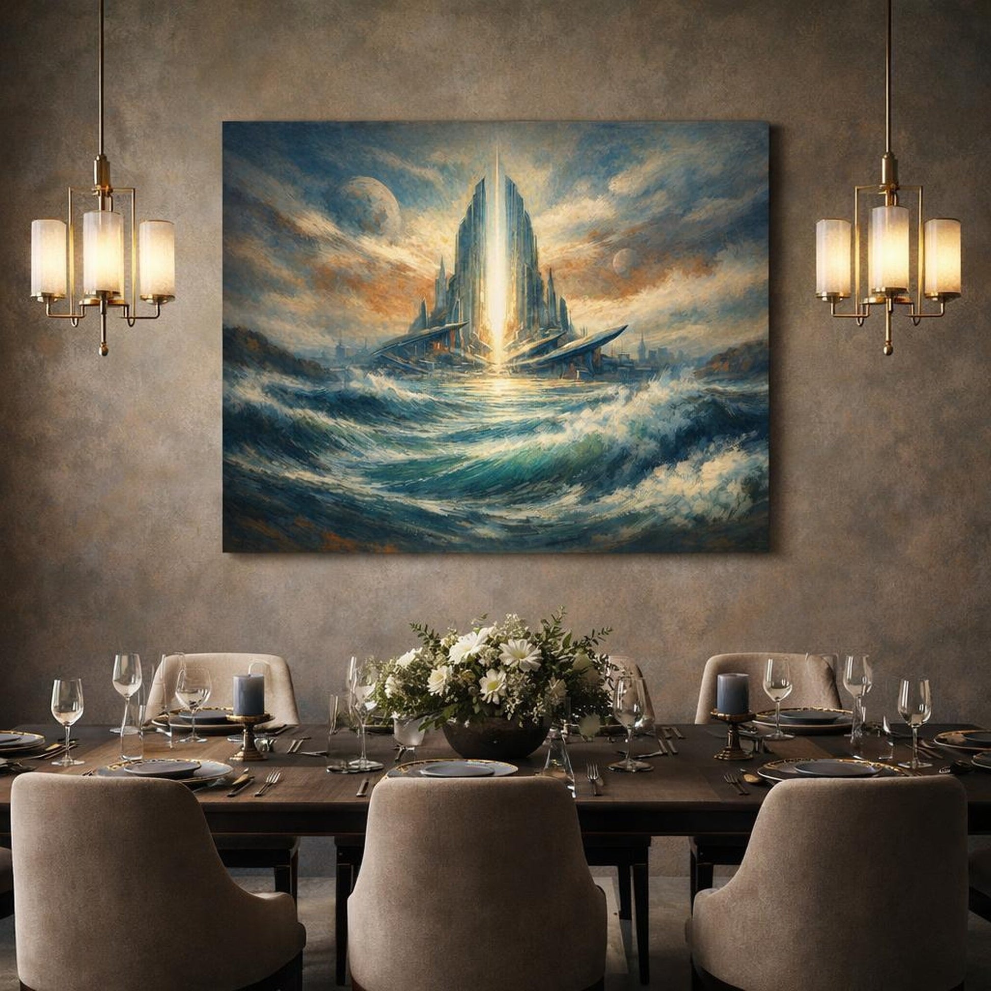 Science Fiction Waves Futuristic City - Canvas Wall Art Print - YesArtYes