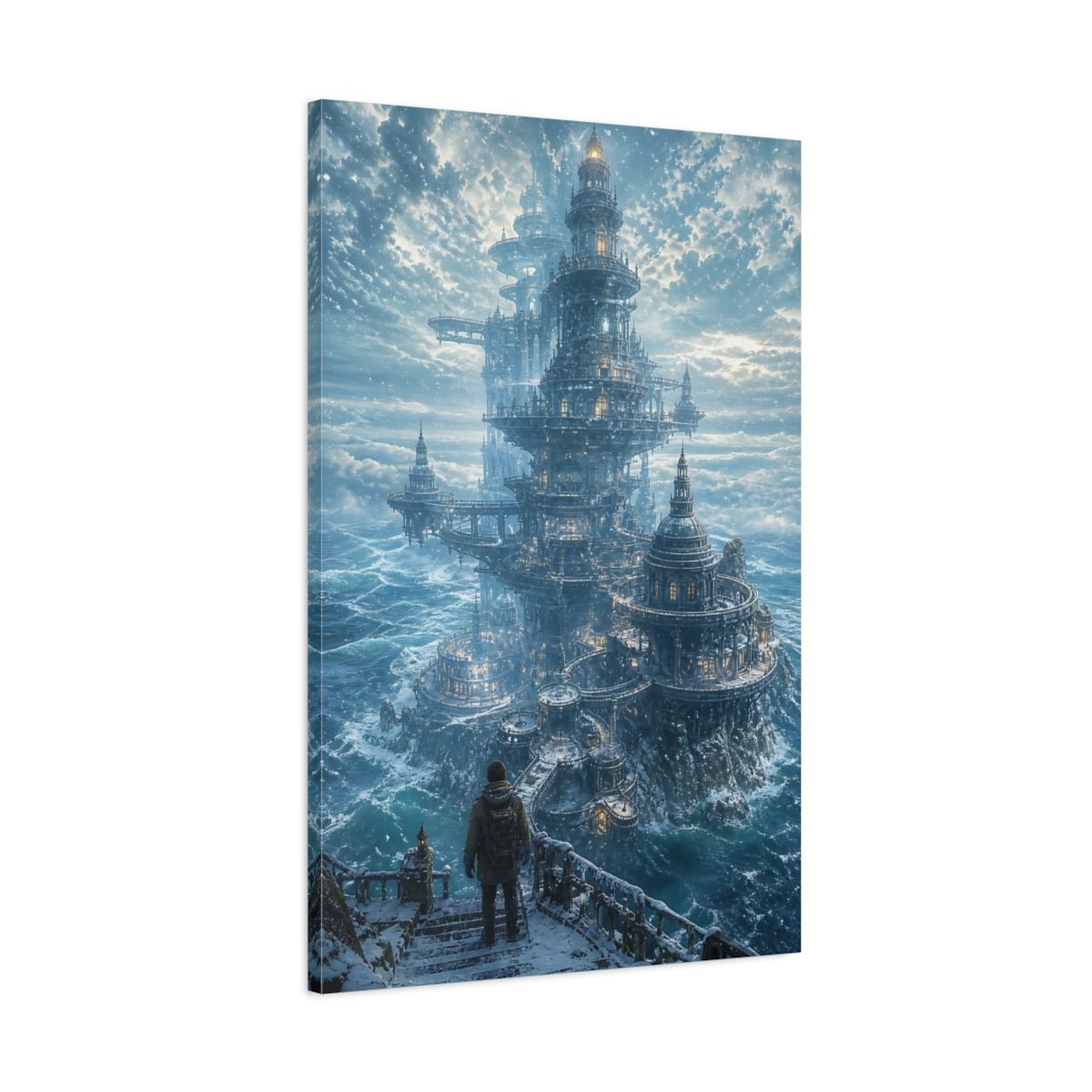 Science Fiction Winter Citadel Blue And Canvas Print – Ornate Living Room, Above Couch - YesArtYes