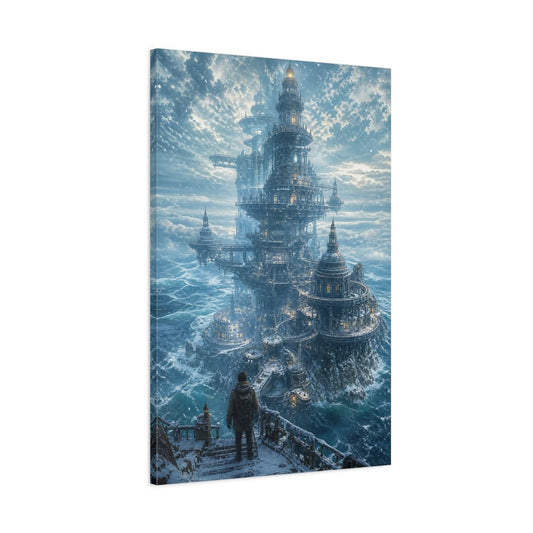 Science Fiction Winter Citadel Blue And Canvas Print – Ornate Living Room, Above Couch - YesArtYes