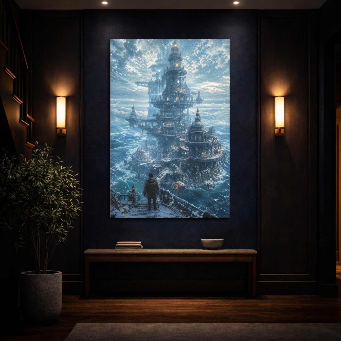 Science Fiction Winter Citadel Blue And Canvas Print – Ornate Living Room, Above Couch - YesArtYes