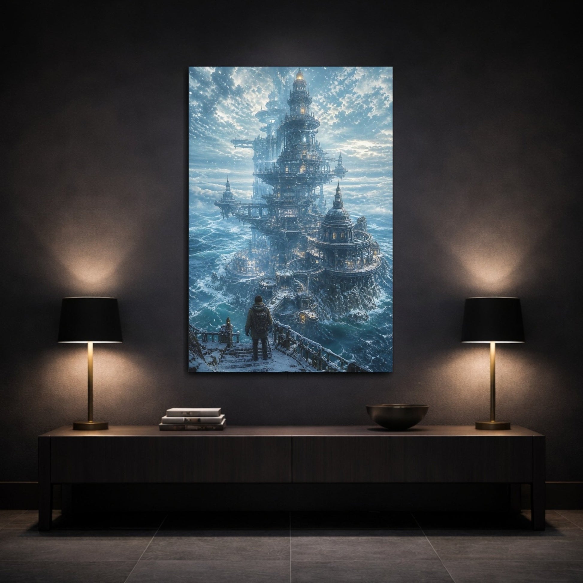 Science Fiction Winter Citadel Blue And Canvas Print – Ornate Living Room, Above Couch - YesArtYes
