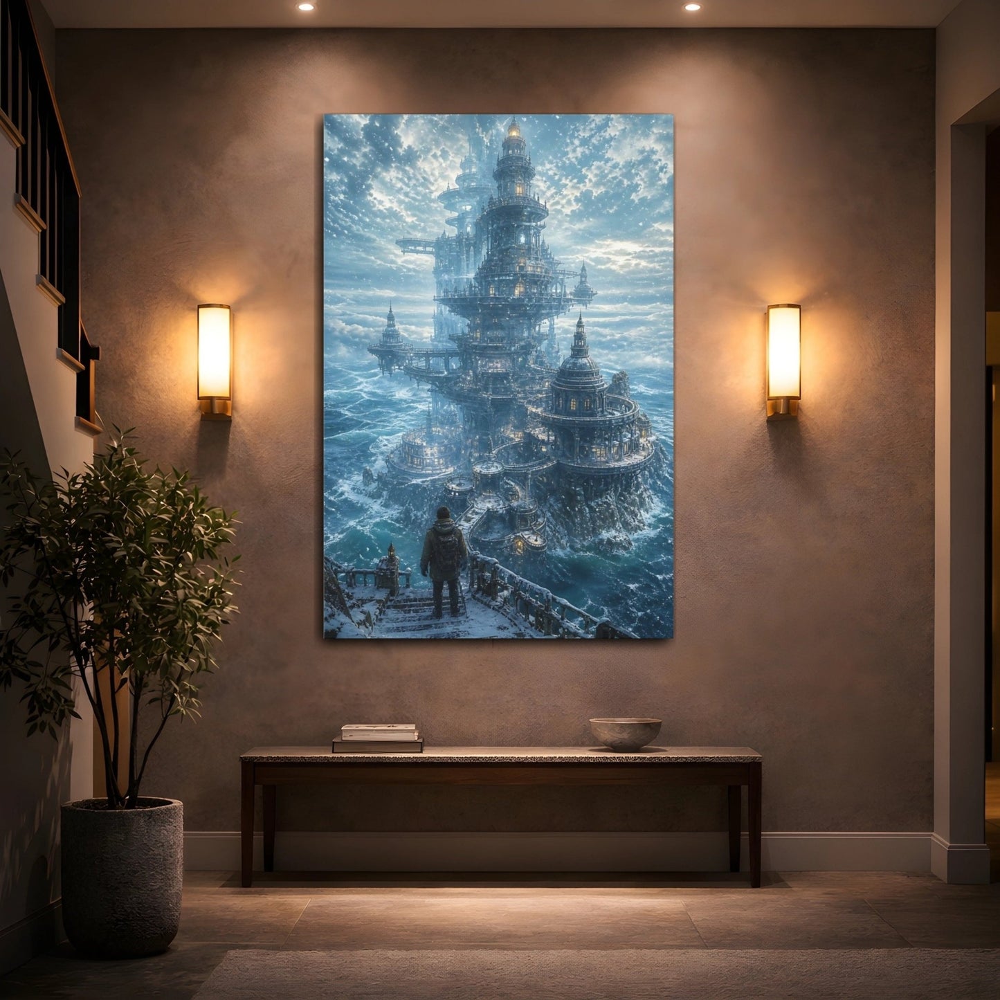 Science Fiction Winter Citadel Blue And Canvas Print – Ornate Living Room, Above Couch - YesArtYes