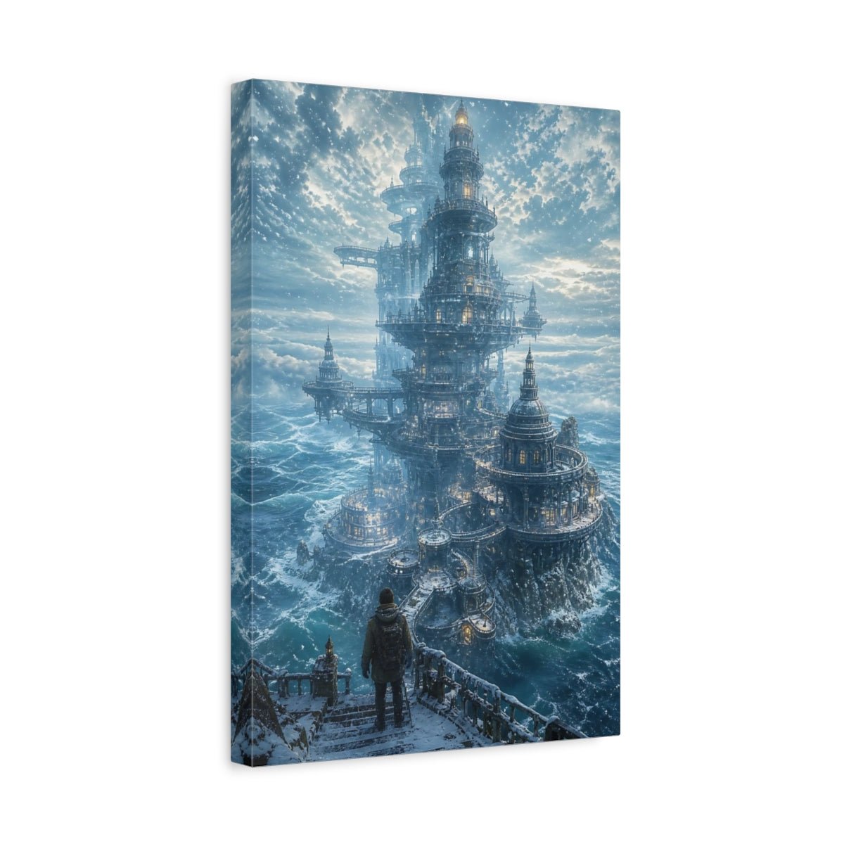 Science Fiction Winter Citadel Blue And Canvas Print – Ornate Living Room, Above Couch - YesArtYes
