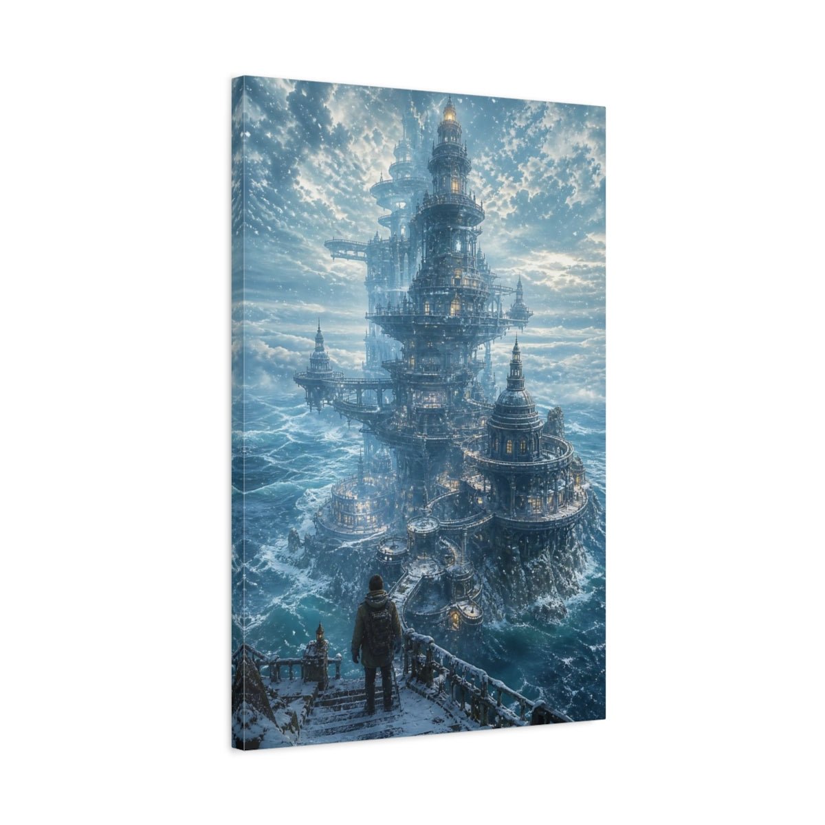 Science Fiction Winter Citadel Blue And Canvas Print – Ornate Living Room, Above Couch - YesArtYes