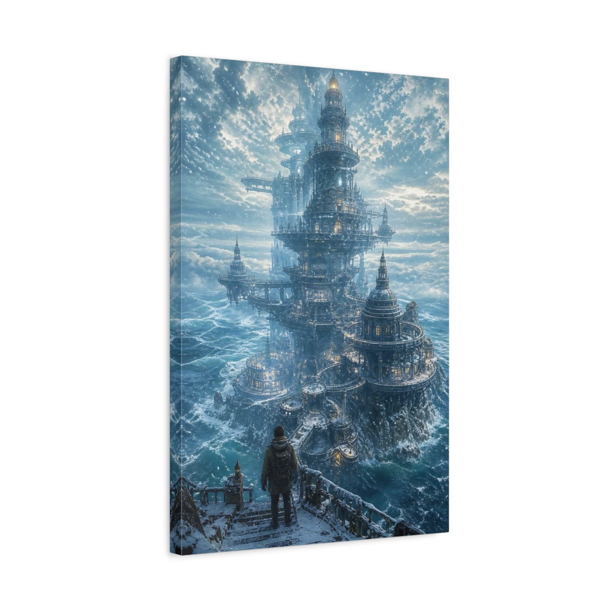 Side Mockup 3. Science Fiction Winter Citadel Blue And White shown as stretched canvas wall art