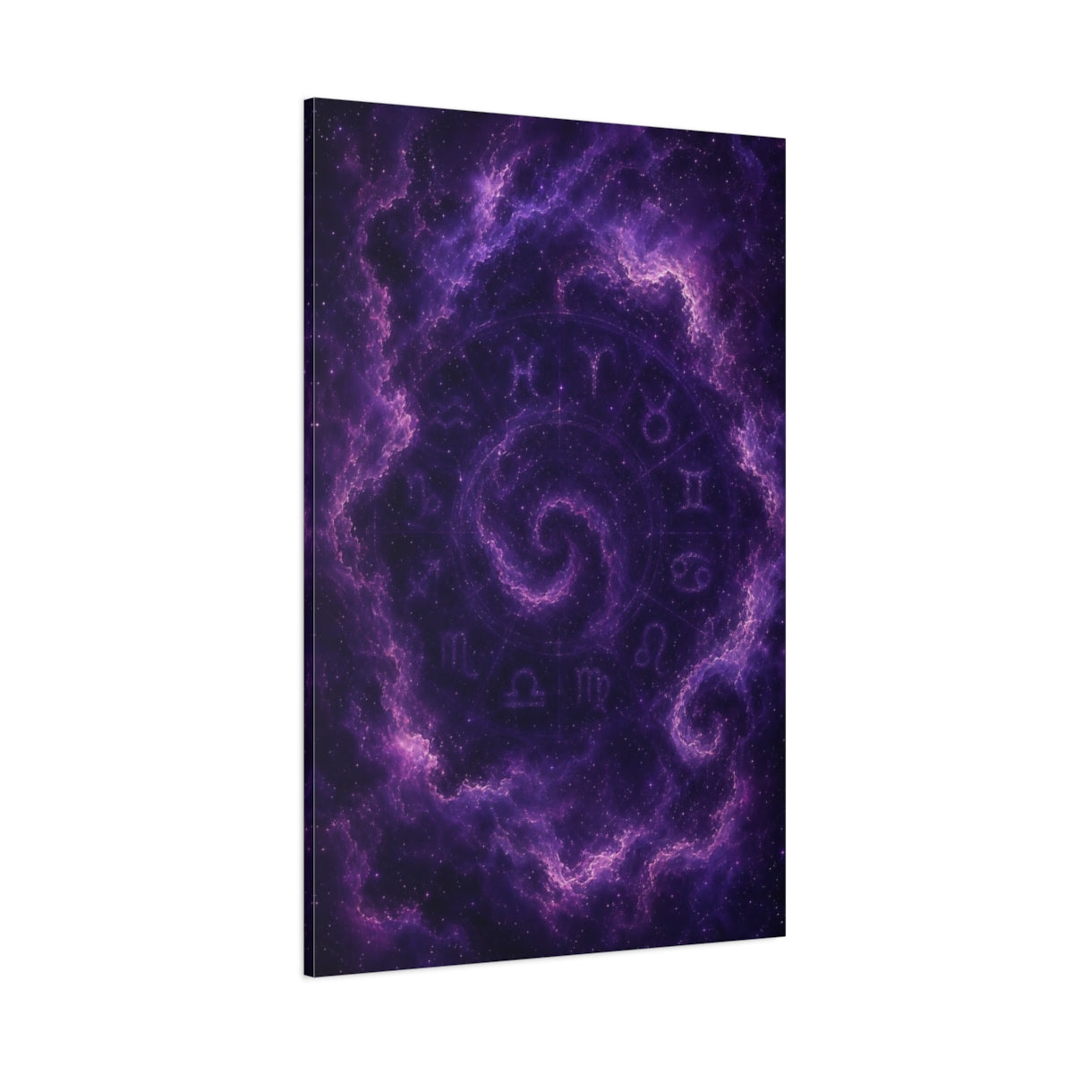 Side Mockup 1. Science Fiction Zodiac Signs Purple Galaxy shown as stretched canvas wall art