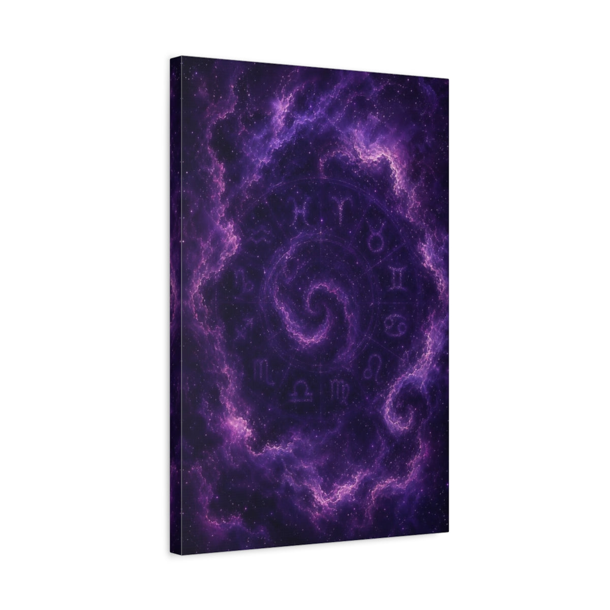 Side Mockup 3. Science Fiction Zodiac Signs Purple Galaxy shown as stretched canvas wall art