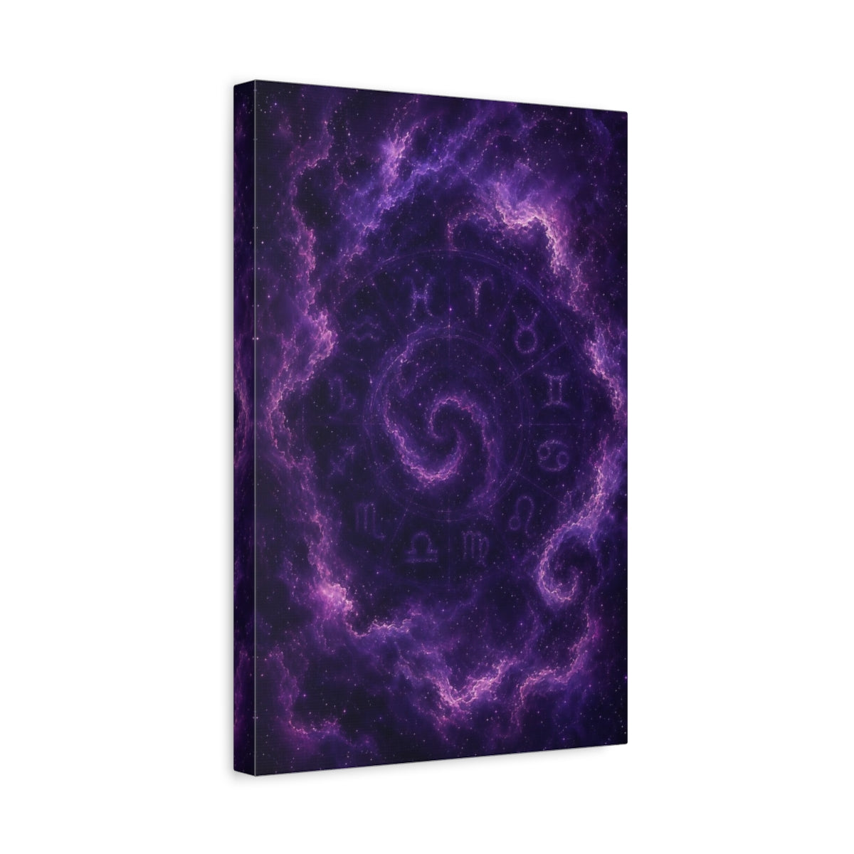 Side Mockup 4. Science Fiction Zodiac Signs Purple Galaxy shown as stretched canvas wall art