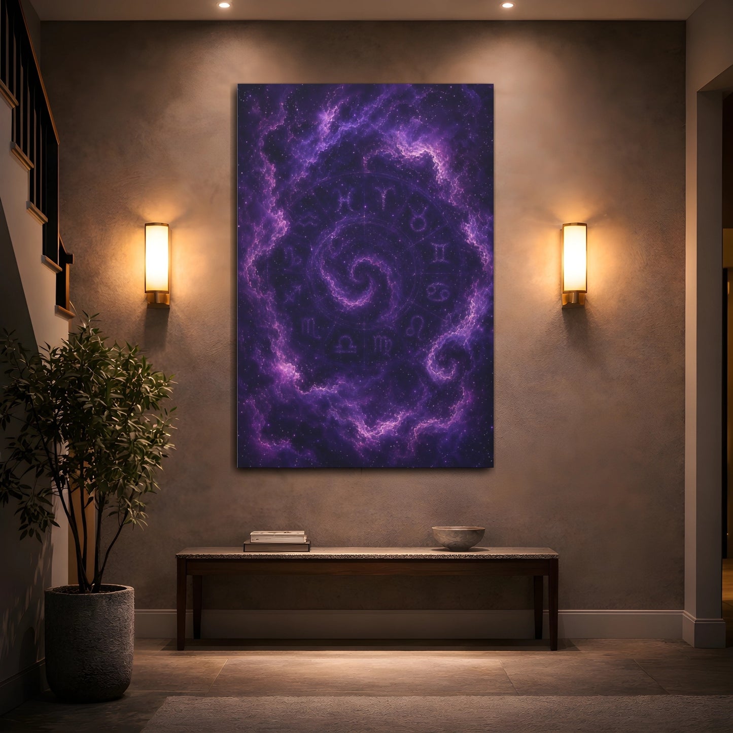 Mockup 2. Science Fiction Zodiac Signs Purple Galaxy shown as stretched canvas wall art
