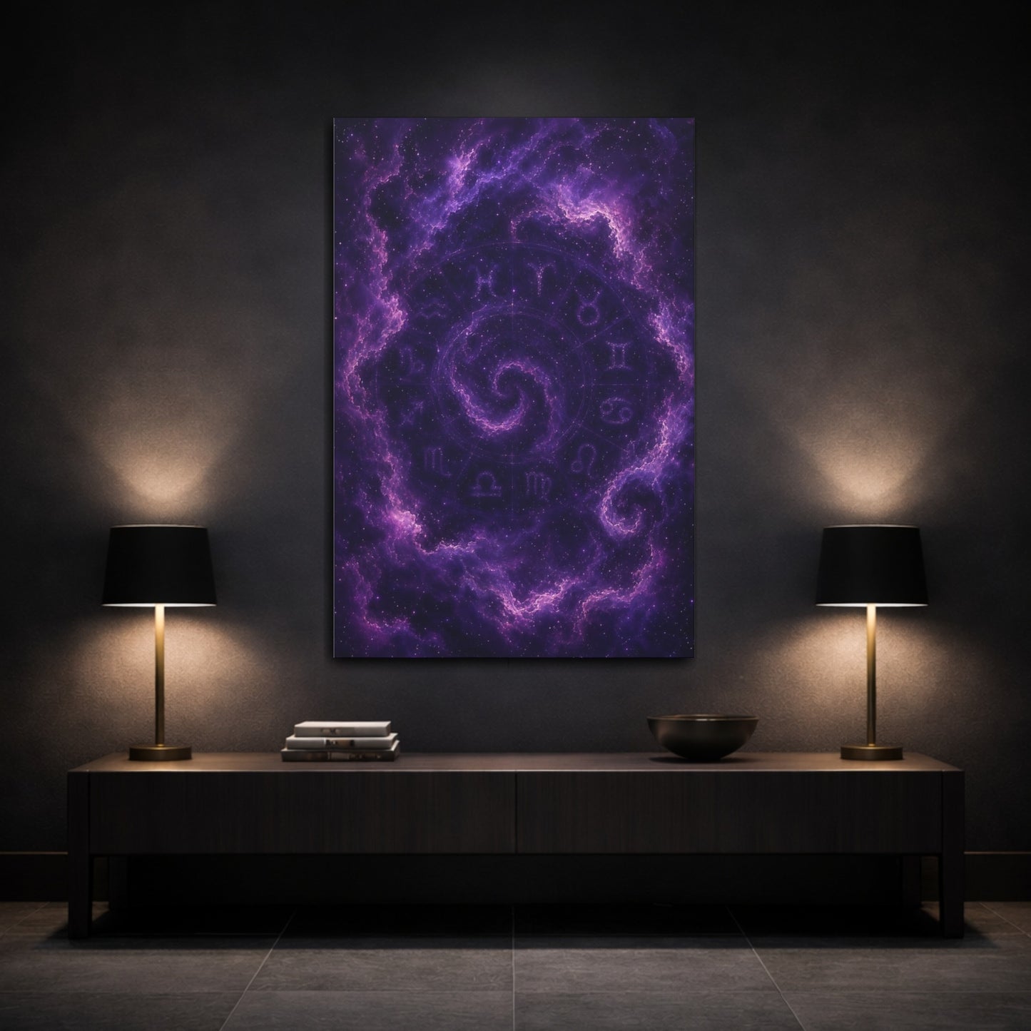 Mockup 3. Science Fiction Zodiac Signs Purple Galaxy shown as stretched canvas wall art