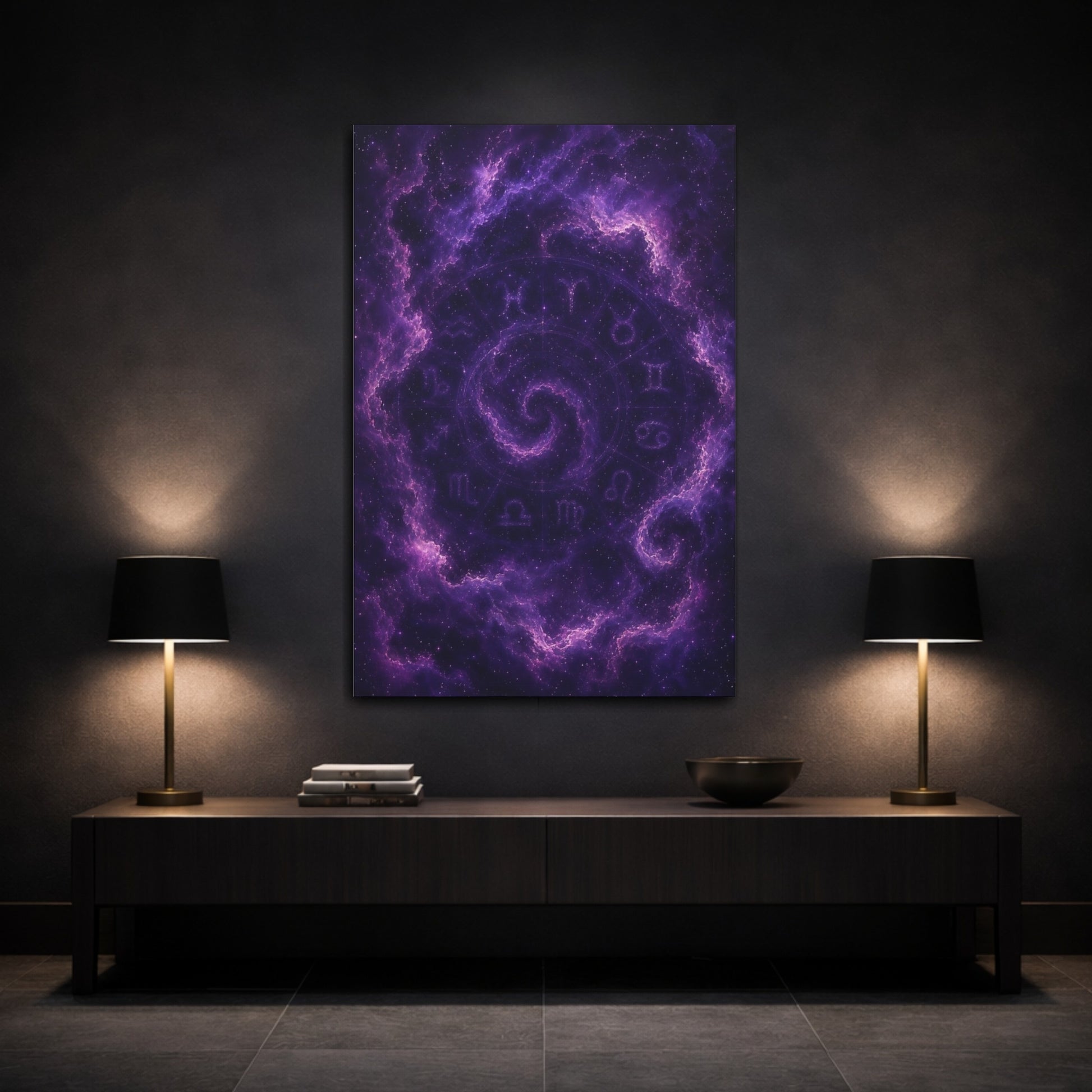 Mockup 3. Science Fiction Zodiac Signs Purple Galaxy shown as stretched canvas wall art