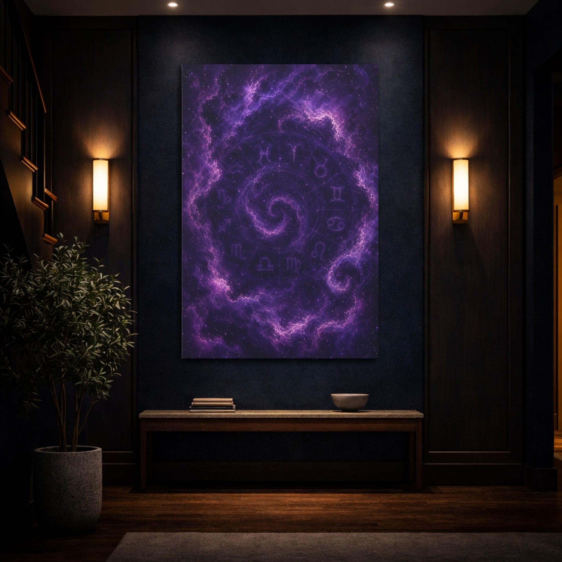 Mockup 4. Science Fiction Zodiac Signs Purple Galaxy shown as stretched canvas wall art